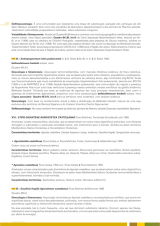 230   Sinfitossociologia: É uma comunidade que representa uma etapa de substituição avançada dos zambujais de Aro
      italici-Oleetum sylvestris, bem como dos carvalhais de Quercetum alpestris-broteroi e dos azinhais de Rhamno oleoidis-
      -Quercetum rotundifoliae juniperetosum turbinatae, sobre substratos margosos .
      Variabilidade e Sintaxonomia: Através do Quadro III/LIII damos a conhecer uma nova raça geográfica meridional daucetosum
      maximi subass. nova (Typus associatio: Quadro III/LIII, inv.9) do Carici depressae-Hyparrhenietum hirtae, descrita por Br.-
      Bl. et al. (1956), para os calcários do Divisório Português, caracterizada pela presença de Daucus maximus, ausente no
      Quadro descrito por Br.-Bl. et al. (1956). Por outro lado esta espécie também não ocorre na descrição do Reichardo picroidis-
      -Hyparrhenietum hirtae, associação proposta por COSTA et al. (1994) para a Região de Lisboa. Aliás pensamos mesmo que
      esta comunidade descrita para a Região de Lisboa, parece tratar-se do Carici depressae-Hyparrhenietum hirtae.


           54 - Andropogonetum hirto-pubescentis A. & O. Bolòs & Br.-Bl. in A. & O. Bolòs 1950
      bellevalietosum hackelii subass. nova
      (Quadro III/LIV)
      Sinecologia e Sinestrutura: Associação termomediterrânea, com marcada influência oceânica, de fraca cobertura,
      dominada pelo hemicriptófito Hyparrhenia sinaica, que se desenvolve sobre solos calcários, esqueléticos e pedregosos,
      mais ou menos descarbonatados e em afloramentos rochosos de calcários duros, algo nitrificados (Fig.III/3.9). Ainda
      que fisionomicamente seja muito semelhante às associações Hyparrhenietum hirto-pubescentis, descrita por BOLÓS
      (1950) e à de MARTÍNEZ et al. (1984) Aristido-Hyparrhenietum pubescentis, esta comunidade não regista a presença
      de Hyparrhenia hirta e por outro lado verifica-se a presença nestes arrelvados vivazes xerofíticos do geófito endémico
      Bellevalia hackelii. Tomando por base as ausências de algumas das suas principais características, bem como a
      presença de endemismos algarvienses, propomos uma nova subassociação bellevalietosum hackelii subass. nova
      (Typus associatio: Quadro III/LIV, inv.9) para os territórios mais ocidentais, com carácter oceânico.
      Sincorologia: Com base no conhecimento actual e dada a distribuição da Bellevalia hackelii, trata-se de uma raça
      exclusiva dos territórios do Barrocal Algarvio e do Costeiro Vicentino (Sector Algarviense).
      Sinfitossociologia: No nosso território forma parte da série dos azinhais de Rhamno oleoidis-Querceto rotundifoliae Sigmetum.


      XVI - STIPO GIGANTEAE-AGROSTIETEA CASTELLANAE Rivas-Martínez, Fernández-González & Loidi 1999
      Arrelvados vivazes mesoxerófilos, silicícolas, que se desenvolvem em solos meso-oligitróficos profundos, com eficiente
      drenagem e submetidos a acentuada xericidade estival, sob ombroclima seco a húmido. Distribui-se pelos territórios
      Mediterrânico Ibérico Ocidentais e Orocantábrico Ocidentais.
      Características territoriais: Agrostis castellana, Dactylis hispanica subsp. lusitanica, Gaudinia fragilis, Sanguisorba verrucosa.


      + Agrostietalia castellanae Rivas-Goday in Rivas-Martínez, Costa, Castroviejo & Valdés-Bermejo 1980
      Ordem única da classe na Península Ibérica.
      Características territoriais: Allium guttatum subsp. sardoum, Ranunculus gramineus var. luzulifolius, Rumex papillaris,
      Serapias lingua, Serapias parviflora, Thapsia villosa var. dissecta, Thapsia villosa var. minor, Carduncellus caeruleus subsp.
      tingitanus, Linum bienne.


      * Agrostion castellanae Rivas Goday 1958 corr. Rivas Goday & Rivas-Martínez 1963
      Arrelvados vivazes caracterizados pela dominância de Agrostis castellana, que se desenvolvem sobre solos oligotróficos
      silíceos, com hidromorfia temporária. Distribuem-se pelas áreas Mediterrâneo Ibérico Ocidentais termomediterrâeas a
      supramditerrâneas, húmidas a sub-húmidas.
      Características territoriais: Asphodelus aestivus, Festuca ampla, Narcissus willkommii.


           55 - Gaudinio fragilis-Agrostietum castellanae Rivas-Martínez & Belmonte 1986
      (Quadro III/LV)
      Sinecologia e Sinestrutura: Associação dominada por Agrostis castellana e acompanhada por terófitos, que ocorre em
      superfícies baixas, sobre solos descarbonatados, profundos, com textura franco-argilo-limosa que, embora apresentem
      escorrência superficial ou hidromorfia temporária, secam durante o Verão.
      Na área estudada não é muito frequente, uma vez que dominam substratos calcários. Ocorrem apenas nas Naves,
      sobretudo a orlar os lagoachos temporariamente encharcados, uma vez que estes solos estão desprovidos de carbonatos
      por efeito da lixiviação.


      O COBERTO VEGETAL
 