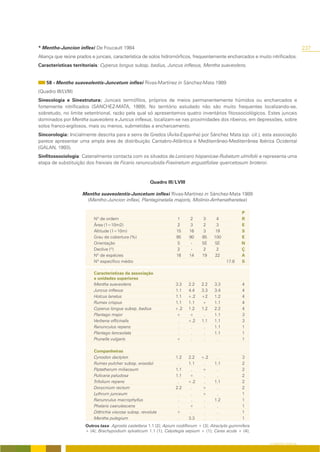 * Mentho-Juncion inflexi De Foucault 1984                                                                                          237
Aliança que reúne prados e juncais, característica de solos hidromórficos, frequentemente encharcados e muito nitrificados.
Características territoriais: Cyperus longus subsp. badius, Juncus inflexus, Mentha suaveolens.


    58 - Mentho suaveolentis-Juncetum inflexi Rivas-Martínez in Sánchez-Mata 1989
(Quadro III/LVIII)
Sinecologia e Sinestrutura: Juncais termófilos, próprios de meios permanentemente húmidos ou encharcados e
fortemente nitrificados (SANCHEZ-MATA, 1989). No território estudado não são muito frequentes localizando-se,
sobretudo, no limite setentrional, razão pela qual só apresentamos quatro inventários fitossociológicos. Estes juncais
dominados por Mentha suaveolens e Juncus inflexus, localizam-se nas proximidades dos ribeiros, em depressões, sobre
solos franco-argilosos, mais ou menos, submetidas a encharcamento.
Sincorologia: Inicialmente descrita para a serra de Gredos (Ávila-Espanha) por Sánchez Mata (op. cit.), esta associação
parece apresentar uma ampla área de distribuição Cantabro-Atlântica e Mediterrâneo-Mediterrânea Ibérica Ocidental
(GALAN, 1993).
Sinfitossociologia: Catenalmente contacta com os silvados de Lonicero hispanicae-Rubetum ulmifolii e representa uma
etapa de substituição dos freixiais de Ficario ranunculoidis-Fraxinetum angustifoliae quercetosum broteroi.



                                                        Quadro III/LVIII

                     Mentho suaveolentis-Juncetum inflexi Rivas-Martínez in Sánchez-Mata 1989
                      (Mentho-Juncion inflexi, Plantaginetalia majoris, Molinio-Arrhenatheretea)

                                                                                                       P
                          Nº de ordem                                1      2      3      4            R
                          Área (1=10m2)                              2      3      2      3            E
                          Altitude (1=10m)                           15     16     3     19            S
                          Grau de cobertura (%)                      95     90    85     100           E
                          Orientação                                 S       -    SE     SE            N
                          Declive (º)                                 2      -     2      2            Ç
                          Nº de espécies                             16     14    19     22            A
                          Nº específico médio                                                  17.8    S

                          Características da associação
                          e unidades superiores
                          Mentha suaveolens                         3.3    2.2    2.2    3.3            4
                          Juncus inflexus                           1.1    4.4    3.3    3.4            4
                          Holcus lanatus                            1.1    +.2    +2     1.2            4
                          Rumex crispus                             1.1    1.1    +      1.1            4
                          Cyperus longus subsp. badius              +.2    1.2    1.2    2.2            4
                          Plantago major                            +      +       .     1.1            3
                          Verbena officinalis                        .     +.2    1.1    1.1            3
                          Ranunculus repens                          .      .      .     1.1            1
                          Plantago lanceolata                        .      .      .     1.1            1
                          Prunella vulgaris                         +       .      .      .             1

                          Companheiras
                          Cynodon dactylon                           1.2   2.2    +.2     .             3
                          Rumex pulcher subsp. woodsii                .    1.1     .     1.1            2
                          Piptatherum miliaceum                      1.1    .     +       .             2
                          Pulicaria paludosa                         1.1   +       .      .             2
                          Trifolium repens                            .    +.2     .     1.1            2
                          Dorycnium rectum                           2.2    .     +       .             2
                          Lythrum junceum                             .     .     +       .             1
                          Ranunculus macrophyllus                     .     .      .     1.2            1
                          Phalaris caerulescens                       .    +       .      .             1
                          Dittrichia viscosa subsp. revoluta         +      .      .      .             1
                          Mentha pulegium                             .    3.3     .      .             1
                      Outros taxa: Agrostis castellana 1.1 (2); Apium nodiflorum + (3); Atractylis gummifera
                      + (4); Brachypodium sylvaticum 1.1 (1); Calystegia sepium + (1); Carex acuta + (4);

                                                                                                               O COBERTO VEGETAL
 