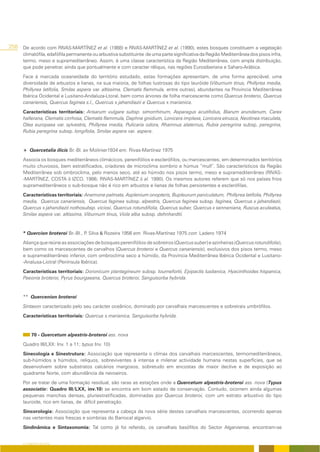 258   De acordo com RIVAS-MARTÍNEZ et al. (1988) e RIVAS-MARTÍNEZ et al. (1990), estes bosques constituem a vegetação
      climatófila, edafófila permanente ou arbustiva substituinte de uma parte significativa da Região Mediterrânea dos pisos infra,
      termo, meso e supramediterrâneo. Assim, é uma classe característica da Região Mediterrânea, com ampla distribuição,
      que pode penetrar, ainda que pontualmente e com caracter réliquo, nas regiões Eurosiberiana e Saharo-Arábica.
      Face à marcada oceaneídade do território estudado, estas formações apresentam, de uma forma apreciável, uma
      diversidade de arbustos e lianas, na sua maioria, de folhas lustrosas do tipo lauróide (Viburnum tinus, Phillyrea media,
      Phillyrea latifolia, Smilax aspera var. altissima, Clematis flammula, entre outras), abundantes na Província Mediterrânea
      Ibérica Ocidental e Lusitano-Andaluza-Ltoral, bem como árvores de folha marcescente como Quercus broteroi, Quercus
      canariensis, Quercus faginea s.l., Quercus x jahandiezii e Quercus x marianica.
      Características territoriais: Arisarum vulgare subsp. simorrhinum, Asparagus acutifolius, Biarum arundanum, Carex
      hallerana, Clematis cirrhosa, Clematis flammula, Daphne gnidium, Lonicera implexa, Lonicera etrusca, Neotinea maculata,
      Olea europaea var. sylvestris, Phillyrea media, Pulicaria odora, Rhamnus alaternus, Rubia peregrina subsp. peregrina,
      Rubia peregrina subsp. longifolia, Smilax aspera var. aspera.


      + Quercetalia ilicis Br.-Bl. ex Molinier1934 em. Rivas-Martínez 1975
      Associa os bosques mediterrâneos climácicos, perenifólios e esclerófilos, ou marcescentes; em determinados territórios
      muito chuvosos, bem estratificados, criadores de microclima sombrio e húmus “mull”. São característicos da Região
      Mediterrânea sob ombroclima, pelo menos seco, até ao húmido nos pisos termo, meso e supramediterrâneo (RIVAS-
      -MARTÍNEZ, COSTA & IZCO, 1986; RIVAS-MARTÍNEZ & al. 1990). Os mesmos autores referem que só nos países frios
      supramediterrâneos o sub-bosque não é rico em arbustos e lianas de folhas persistentes e esclerófilas.
      Características territoriais: Anemone palmata, Asplenium onopteris, Bupleurum paniculatum, Phillyrea latifolia, Phillyrea
      media, Quercus canariensis, Quercus faginea subsp. alpestris, Quercus faginea subsp. faginea, Quercus x jahandiezii,
      Quercus x jahandiezii nothosubsp. viciosi, Quercus rotundifolia, Quercus suber, Quercus x senneniana, Ruscus aculeatus,
      Smilax aspera var. altissima, Viburnum tinus, Viola alba subsp. dehnhardtii.


      * Quercion broteroi Br.-Bl., P Silva & Rozeira 1956 em. Rivas-Martínez 1975 corr. Ladero 1974
                                    .
      Aliança que reúne as associações de bosques perenifólios de sobreiros (Quercus suber) e azinheiras (Quercus rotundifolia),
      bem como os marcescentes de carvalhos (Quercus broteroi e Quercus canariensis), exclusivos dos pisos termo, meso
      e supramediterrâneo inferior, com ombroclima seco a húmido, da Província Mediterrânea Ibérica Ocidental e Lusitano-
      -Analusa-Liotral (Península Ibérica).
      Características territoriais: Doronicum plantagineum subsp. tournefortii, Epipactis lusitanica, Hyacinthoides hispanica,
      Paeonia broteroi, Pyrus bourgaeana, Quercus broteroi, Sanguisorba hybrida.


      ** Quercenion broteroi
      Sintaxon caracterizado pelo seu carácter oceânico, dominado por carvalhais marcescentes e sobreirais umbrófilos.
      Características territoriais: Quercus x marianica, Sanguisorba hybrida.


           70 - Quercetum alpestris-broteroi ass. nova
      Quadro III/LXX: Inv. 1 a 11; typus Inv. 10)
      Sinecologia e Sinestrutura: Associação que representa o clímax dos carvalhais marcescentes, termomediterrâneos,
      sub-húmidos a húmidos, reliquos, sobreviventes à intensa e milenar actividade humana nestas superfícies, que se
      desenvolvem sobre substratos calcários margosos, sobretudo em encostas de maior declive e de exposição ao
      quadrante Norte, com abundância de nevoeiros.
      Por se tratar de uma formação residual, são raras as estações onde a Quercetum alpestris-broteroi ass. nova (Typus
      associatio: Quadro III/LXX, inv.10) se encontra em bom estado de conservação. Contudo, ocorrem ainda algumas
      pequenas manchas densas, pluriestratificadas, dominadas por Quercus broteroi, com um estrato arbustivo do tipo
      lauroide, rico em lianas, de difícil penetração.
      Sincorologia: Associação que representa a cabeça da nova série destes carvalhais marcescentes, ocorrendo apenas
      nas vertentes mais frescas e sombrias do Barrocal algarvio.
      Sindinâmica e Sintaxonomia: Tal como já foi referido, os carvalhais basófilos do Sector Algarviense, encontram-se


      O COBERTO VEGETAL
 