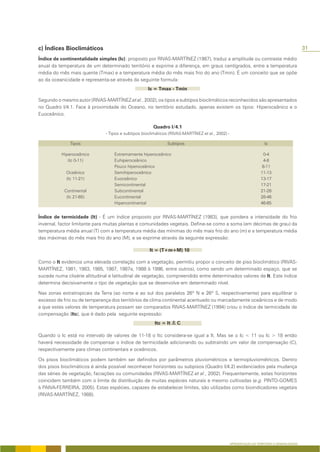 c) Índices Bioclimáticos                                                                                                                       31
Índice de continentalidade simples (Ic): proposto por RIVAS-MARTÍNEZ (1987), traduz a amplitude ou contraste médio
anual da temperatura de um determinado território e exprime a diferença, em graus centígrados, entre a temperatura
média do mês mais quente (Tmax) e a temperatura média do mês mais frio do ano (Tmin). É um conceito que se opõe
ao da oceanicidade e representa-se através da seguinte formula:
                                                    Ic = Tmax - Tmin

Segundo o mesmo autor (RIVAS-MARTÍNEZ et al., 2002), os tipos e subtipos bioclimáticos reconhecidos são apresentados
no Quadro I/4.1. Face à proximidade do Oceano, no território estudado, apenas existem os tipos: Hiperoceânico e o
Euoceânico.

                                                       Quadro I/4.1
                               - Tipos e subtipos bioclimáticos (RIVAS-MARTÍNEZ et al., 2002) -

              Tipos                                           Subtipos                                                 Ic

          Hiperoceânico            Extremamente hiperoceânico                                                          0-4
             (Ic 0-11)             Euhiperoceânico                                                                     4-8
                                   Pouco hiperoceânico                                                                8-11
            Oceânico               Semihiperoceânico                                                                 11-13
            (Ic 11-21)             Euoceânico                                                                        13-17
                                   Semicontinental                                                                   17-21
            Continental            Subcontinental                                                                    21-28
             (Ic 21-65)            Eucontinental                                                                     28-46
                                   Hipercontinental                                                                  46-65


Índice de termicidade (It) - É um índice proposto por RIVAS-MARTÍNEZ (1983), que pondera a intensidade do frio
invernal, factor limitante para muitas plantas e comunidades vegetais. Define-se como a soma (em décimas de grau) da
temperatura média anual (T) com a temperatura média das mínimas do mês mais frio do ano (m) e a temperatura média
das máximas do mês mais frio do ano (M), e se exprime através da seguinte expressão:

                                                     It = (T+m+M) 10

Como o It evidencia uma elevada correlação com a vegetação, permitiu propor o conceito de piso bioclimático (RIVAS-
MARTÍNEZ, 1981, 1983, 1985, 1987, 1987a, 1988 & 1996, entre outros), como sendo um determinado espaço, que se
sucede numa clisérie altitudinal e latitudinal de vegetação, compreendido entre determinados valores de It. Este índice
determina decisivamente o tipo de vegetação que se desenvolve em determinado nível.

Nas zonas extratropicais da Terra (ao norte e ao sul dos paralelos 26º N e 26º S, respectivamente) para equilibrar o
excesso de frio ou de temperança dos territórios de clima continental acentuado ou marcadamente oceânicos e de modo
a que estes valores de temperatura possam ser comparados RIVAS-MARTÍNEZ (1994) criou o índice de termicidade de
compensação (Itc), que é dado pela seguinte expressão:
                                                        Itc = It + C

Quando o Ic está no intervalo de valores de 11-18 o Itc considera-se igual a It. Mas se o Ic < 11 ou Ic > 18 então
haverá necessidade de compensar o índice de termicidade adicionando ou subtraindo um valor de compensação (C),
respectivamente para climas continentais e oceânicos.

Os pisos bioclimáticos podem também ser definidos por parâmetros pluviométricos e termopluviométricos. Dentro
dos pisos bioclimáticos é ainda possível reconhecer horizontes ou subpisos (Quadro I/4.2) evidenciados pela mudança
das séries de vegetação, faciações ou comunidades (RIVAS-MARTÍNEZ et al., 2002). Frequentemente, estes horizontes
coincidem também com o limite de distribuição de muitas espécies naturais e mesmo cultivadas (e.g. PINTO-GOMES
& PAIVA-FERREIRA, 2005). Estas espécies, capazes de estabelecer limites, são utilizadas como bioindicadores vegetais
(RIVAS-MARTÍNEZ, 1988).




                                                                                                  APRESENTAÇÃO DO TERRITÓRIO E GENERALIDADES
 