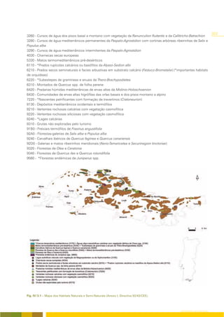 303
3260 - Cursos de água dos pisos basal a montano com vegetação da Ranunculion fluitantis e da Callitricho-Batrachion
3280 - Cursos de água mediterrânicos permanentes da Paspalo-Agrostidion com cortinas arbóreas ribeirinhas de Salix e
Populus alba
3290 - Cursos de água mediterrânicos intermitentes da Paspalo-Agrostidion
4030 - Charnecas secas europeias
5330 - Matos termomediterrânicos pré-desérticos
6110 - *Prados rupícolas calcários ou basófilos da Alysso-Sedion albi
6210 - Prados secos seminaturais e facies arbustivas em substrato calcário (Festuco-Brometalia) (*importantes habitats
de orquídeas)
6220 - *Subestepes de gramíneas e anuais da Thero-Brachypodietea
6310 - Montados de Quercus spp. de folha perene
6420 - Pradarias húmidas mediterrânicas de ervas altas da Molinio-Holoschoenion
6430 - Comunidades de ervas altas higrófilas das orlas basais e dos pisos montano a alpino
7220 - *Nascentes petrificantes com formação de travertinos (Cratoneurion)
8130 - Depósitos mediterrânicos ocidentais e termófilos
8210 - Vertentes rochosas calcárias com vegetação casmofítica
8220 - Vertentes rochosas siliciosas com vegetação casmofítica
8240 - *Lages calcárias
8310 - Grutas não exploradas pelo turismo
91B0 - Freixiais termófilos de Fraxinus angustifolia
92A0 - Florestas-galerias de Salix alba e Populus alba
9240 - Carvalhais ibéricos de Quercus faginea e Quercus canariensis
92D0 - Galerias e matos ribeirinhos meridionais (Nerio-Tamaricetea e Securinegion tinctoriae)
9320 - Florestas de Olea e Ceratonia
9340 - Florestas de Quercus ilex e Quercus rotundifolia
9560 - *Florestas endémicas de Juniperus spp.




Fig. IV/3.1 – Mapa dos Habitats Naturais e Semi-Naturais (Anexo I, Directiva 92/43/CEE).




                                                                                                    CARTOGRAFIA DA VEGETAÇÃO
 