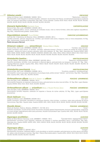 54 Arbutus unedo L.                                                                                                                                       ERICACEAE
   Cabeço da Câmara, Loulé; 29SNB8208; 19/06/93; 190 m.                                                           “Medronheiro; medronho”
   Microfanerófito muito frequente no território estudado, sobretudo nas encostas mais frescas, normalmente de exposição ao quadrante
   norte, em bosques caducifólios e perenifólios. Reg. Med.; Ericion arboreae. Quadros III/LIII; III/LXI; III/LXII; III/LXIII; III/LXVI; III/LXVII;
   III/LXVIII; III/LXIX; III/LXX; III/LXXI; III/LXXIII; III/LXXIV; III/LXXVI; III/LXXVII.


   Arenaria leptoclados (Reichenb.) Guss.                                                                                                    CARYOPHYLLACEAE
   Rocha de Pena, Salir, Loulé; 29SNB8023; 04/04/95; 460 m.
   Terófito, indiferente edáfico, comum, sobretudo em arrelvados anuais, mais ou menos húmidos, sobre solos argilosos esqueléticos;
   Reg. Med.; Helianthemetea guttatae. Quadro III/XLV.

   Argyrolobium zanonii                        (Turra) P.W.Ball                                                                  FABACEAE (LEGUMINOSAE)
   Cerro da Chã; S. Bartolomeu de Messines; Silves; 29SNB6923; 26/04/95; 300 m.
   Caméfito prostrado, calcícola, frequente nos tomilhais que revestem solos secos, margosos, mais ou menos decapitados; W. Reg.
   Med.; Rosmarinetea. Quadros III/LXII; III/LXIII
   Planta nova para o Barrocal.


   Arisarum vulgare                    subsp.     simorrhinum                 (Durieu) Maire & Weiller                                                       ARACEAE
   Rocha de Pena, Salir, Loulé; 29SNB8023; 04/04/95; 460 m.                                                                            “Candeias; capuz-de-frade”
   Geófito rizomatoso muito comum, no território estudado, sobretudo durante o Outono e Inverno em fendas de rochas calcárias,
   arrelvados, clareiras de matos e campos cultivados, sobre solos argilosos; W. Reg. Med.; Quercetea ilicis. Quadros III/XVIII; III/XX;
   III/XXI; III/XXII; III/XXIV; III/XXVI; III/XXXI; III/XXXVII; III/XXXVIII; III/XXXIX; III/XL; III/XLI; III/XLII; III/XLV; III/XLVII; III/XLIX; III/LII; III/LIII; III/LIV;
   III/LXI; III/LXII; III/LXIII; III/LXVI; III/LXVIII; III/LXX; III/LXXI; III/LXXII; III/LXXIII; III/LXXIV; III/LXXV; III/LXXVI; III/LXXVII.


   Aristolochia baetica L.                                                                                                                  ARISTOLOCHIACEAE
   Cerro da Cabeça , Moncarapacho, Olhão; 29SPB0807; 02/01/95; 200 m.                                             “Balsamina; aristolóquia-bética”
   Fanerófito escandente, termófilo, muito abundante no Barrocal algarvio, particularmente nos bosques e machiais; W. Reg. Med.;
   Asparago-Rhamnion oleoidis. Quadros III/XL; III/XLI; III/XLIV; III/LXV; III/LXVI; III/LXVII; III/LXX; III/LXXI; III/LXXII; III/LXXIII; III/LXXIV; III/
   LXXV; III/LXXVI; III/LXXVII.


   Aristolochia paucinervis                          Pomel                                                                                  ARISTOLOCHIACEAE
   Rocha da Pena, Salir, Loulé; 29SNB8024; 26/08/96; 340 m.                             “Erva-bicha; estrelamim; aristolóquia-longa”
   Hemicriptófito comum que, apesar de apresentar uma ecologia ampla, prefere sempre ”habitats” sub-húmidos; Reg. Med.; Populetalia
   albae. Quadros III/XL; III/XLI; III/L; III/LXVIII; III/LXXVI.


   Arrhenatherum album (Vahl) W. D. Clayton                                  var. album                                               POACEAE (GRAMINEAE)
   Cerro dos Fatos, Loulé; 29SNB8209; 18/05/94; 100 m.
   Hemicriptófito frequente, em espartais e clareiras de matos, particularmente nos sítios mais termófilos. W. Reg. Med.; Lygeo-Stipetea;
   Quadros III/XXIII; III/XLV; III/LII; III/LIV; III/LXI; III/LXXIV; III/LXXVI.


   Arrhenatherum album                           var.   erianthum (Boiss. & Reuter) Romero Zarco                                      POACEAE (GRAMINEAE)
   Cerro dos Fatos, Loulé; 29SNB8209; 18/05/94; 100 m.
   Hemicriptófito termófilo frequente, sobretudo em espartais e fissuras de rochas calcárias; W. Reg. Med.; Lygeo sparti-Stipetea
   tenacissimae.


   Arum italicum                 Miller                                                                                                                      ARACEAE
   Cabeço da Câmara, Loulé; 29SNB8308; 25/03/95; 60 m.                                                                                      “Jaro; jarro”
   Geófito rizomatoso, subnitrófilo, abundante no sub-bosque ribeirinho, sítios húmidos e sombrios, sobre solos profundos de textura
   franco-limosa; Reg. Med.; Populion albae. Quadros III/XXXI; III/XL; III/XLI; III/LXIV; III/LXV; III/LXVI; III/LXVII; III/LXVIII; III/LXXII; III/LXXIII.


   Arundo donax                 L.                                                                                                    POACEAE (GRAMINEAE)
   Ribeira de Quarteira, Paderne, Albufeira; 29SNB7211; 15/11/94; 20 m.                                                            “Canas”
   Fanerófito naturalizado, oriundo da Ásia Central. No território estudado aparece frequentemente, de forma subespontânea, marginando
   os cursos de água, especialmente sobre solos profundos; Arundini-Convolvuletum sepii. Quadros III/XI; III/XL; III/LXIV; III/LXV; III/LXVI;
   III/LXVII; III/LXVIII; III/LXIX.


   Asparagus acutifolius L.                                                                                                                                 LILIACEAE
   Ribeira da Fonte Menaval, Querença, Loulé; 29SNB8817; 19/06/93; 140 m.                                  “Corruda-menor; espargo-bravo-menor”
   Nanofanerófito rizomatoso muito frequente, sobretudo nos bosques e machiais perenifólios secos a sub-húmidos. Reg. Med.;
   Quercetea ilicis. Quadros III/XXIV; III/XXVI; III/XL; III/XLI; III/XLVII; III/LXII; III/LXIV; III/LXVIII; III/LXX; III/LXXI; III/LXXII; III/LXXIII; III/LXXIV;
   III/LXXVI; III/LXXVII.


   Asparagus albus L.                                                                                                                                       LILIACEAE
   Soalheira, Loulé; 29SNB8112; 30/07/93; 200 m.                                                                                        “Estrepes”
   Nanofanerófito rizomatoso, indiferente edáfico, muito abundante no território estudado, particularmente nos sítios secos e termófilos,
   em sebes e orlas de bosques e machiais. Reg. Med.; Pistacio-Rhamnetalia alaterni. Quadros III/XLI; III/XLVI; III/LII; III/LIII; III/LIV; III/LXXI;
   III/LXXII; III/LXXIV; III/LXXV; III/LXXVI; III/LXXVII.


   A FLORA
 