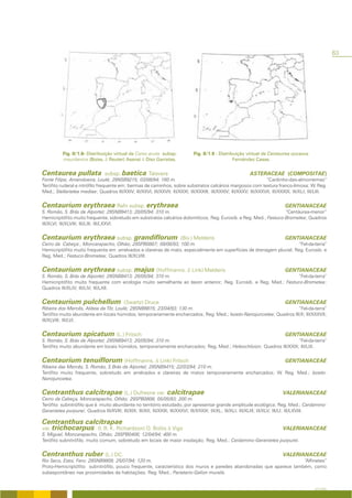 63




          Fig. II/1.8- Distribuição virtual de Carex acuta subsp.              Fig. II/1.9 - Distribuição virtual de Centaurea occasus
          mauritanica (Boiss. & Reuter) Asensi & Díez Garretas.                                     Fernández Casas.


Centaurea pullata               subsp. baetica Talavera                                                      ASTERACEAE (COMPOSITAE)
Fonte Filipe, Amendoeira, Loulé; 29NSB9215; 03/08/94; 160 m.                                                         “Cardinho-das-almorreimas”
Terófito ruderal e nitrófilo frequente em; bermas de caminhos, sobre substratos calcários margosos com textura franco-limosa; W. Reg.
Med.; Stellarietea mediae; Quadros III/XXIV; III/XXVI; III/XXVII; III/XXXI; III/XXXIII; III/XXXIV; III/XXXV; III/XXXVII; III/XXXIX; III/XLI; III/LIII.


Centaurium erythraea Rafn subsp. erythraea                                                                                      GENTIANACEAE
S. Romão, S. Brás de Alportel; 29SNB9413; 20/05/94; 310 m.                                                        “Centáurea-menor”
Hemicriptófito muito frequente, sobretudo em substratos calcários dolomíticos; Reg. Eurosib. e Reg. Med.; Festuco-Brometea; Quadros
III/XLVI; III/XLVIII; III/LIII; III/LXXVI.


Centaurium erythraea subsp. grandiflorum                                 (Biv.) Melderis                                        GENTIANACEAE
Cerro da Cabeça , Moncarapacho, Olhão; 29SPB0807; 09/06/93; 100 m.                                                    “Fel-da-terra”
Hemicriptófito muito frequente em arrelvados e clareiras de mato, especialmente em superfícies de drenagem pluvial; Reg. Eurosib. e
Reg. Med.; Festuco-Brometea; Quadros III/XLVIII.


Centaurium erythraea subsp. majus (Hoffmanns. & Link) Melderis                                                                  GENTIANACEAE
S. Romão, S. Brás de Alportel; 29SNB9413; 20/05/94; 310 m.                                                       “Fel-da-terra”
Hemicriptófito muito frequente com ecologia muito semelhante ao taxon anterior; Reg. Eurosib. e Reg. Med.; Festuco-Brometea;
Quadros III/XLIV; III/LIV; III/LXII.


Centaurium pulchellum                      (Swartz) Druce                                                                       GENTIANACEAE
Ribeira dos Mercês, Aldeia da Tôr, Loulé; 29SNB8816; 23/04/93; 130 m.                                               “Fel-da-terra”
Terófito muito abundante em locais húmidos, temporariamente encharcados; Reg. Med.; Isoeto-Nanojuncetea; Quadros III/X; III/XXXVII;
III/XLVIII; III/LVI.


Centaurium spicatum (L.) Fritsch                                                                                                GENTIANACEAE
S. Romão, S. Brás de Alportel; 29SNB9413; 20/05/94; 310 m.                                                         “Fel-da-terra”
Terófito muito abundante em locais húmidos, temporariamente encharcados; Reg. Med.; Heleochloion; Quadros III/XXIX; III/LIX.


Centaurium tenuiflorum (Hoffmanns. & Link) Fritsch                                                                              GENTIANACEAE
Ribeira das Mercês, S. Romão, S Brás de Alportel; 29SNB9415; 22/03/94; 210 m.
Terófito muito frequente, sobretudo em arrelvados e clareiras de matos temporariamente encharcados; W. Reg. Med.; Isoeto-
Nanojuncetea.


Centranthus calcitrapae (L.) Dufresne var. calcitrapae                                                                        VALERIANACEAE
Cerro da Cabeça, Moncarapacho, Olhão; 29SPB0808; 05/05/93; 200 m.
Terófito subnitrófilo que é muito abundante no território estudado, por apresentar grande amplitude ecológica; Reg. Med.; Cardamino-
Geranietea purpurei; Quadros III/XVIII; III/XIX; III/XX; III/XXIII; III/XXXVI; III/XXXIX; III/XL; III/XLI; III/XLIII; III/XLV; III/LI; III/LXVIII.

Centranthus calcitrapae
var. trichocarpus (I. B. K. Richardson) O. Bolòs & Vigo                                                                       VALERIANACEAE
S. Miguel, Moncarapacho, Olhão; 29SPB0406; 12/04/94; 400 m.
Terófito subnitrófilo, muito comum, sobretudo em locais de maior insolação; Reg. Med.; Cardamino-Geranietea purpurei.


Centranthus ruber (L.) DC.                                                                                                    VALERIANACEAE
Rio Seco, Estoi, Faro; 29SNB9809; 25/07/94; 120 m.                                                                 “Alfinetes”
Proto-Hemicriptófito subnitrófilo, pouco frequente, característico dos muros e paredes abandonadas que aparece também, como
subespontâneo nas proximidades de habitações; Reg. Med.; Parietario-Galion muralis.


                                                                                                                                               A FLORA
 