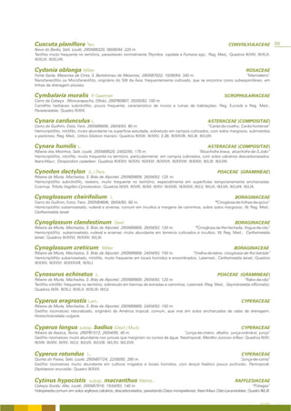 Cuscuta planiflora Ten.                                                                                                     CONVOLVULACEAE                69
Nave do Barão, Salir, Loulé; 29SNB8320; 08/06/94; 220 m.
Terófito muito frequente no território, parasitando normalmente Thymbra capitata e Fumana spp.; Reg. Med.; Quadros III/VIII; III/XLII;
III/XLVI; III/XLVIII.

Cydonia oblonga Miller                                                                                                                 ROSACEAE
Fonte Santa, Messines de Cima, S. Bartolomeu de Messines; 29SNB7022; 10/06/94; 340 m.                             “Marmeleiro”
Nanofanerófito ou Microfanerófito, originário do SW da Ásia, frequentemente cultivado, que se encontra como subespontâneo, em
linhas de drenagem pluviais.

Cymbalaria muralis                  P Gaertner
                                     .                                                                                   SCROPHULARIACEAE
Cerro da Cabeça , Moncarapacho, Olhão; 29SPB0807; 05/05/93; 100 m.
Caméfito herbáceo subnitrófilo, pouco frequente, característico de muros e ruínas de habitações; Reg. Eurosib e Reg. Med.;
Parietarietalia; Quadro III/XIX.

Cynara cardunculus L.                                                                                          ASTERACEAE (COMPOSITAE)
Cerro do Guilhim, Estoi, Faro; 29SNB9606; 28/04/93; 80 m.                                                    “Cardo-do-coalho; Cardo-hortense”
Hemicriptófito, nitrófilo, muito abundante na superfície estudada, sobretudo em campos cultivados, com solos margosos, submetidos
a pastoreio; Reg. Med.; Urtico-Silybion mariani; Quadros III/XXI; III/XXV; 2.26; III/XXVIII; III/LIII; III/LVIII.

Cynara humilis L.                                                                                              ASTERACEAE (COMPOSITAE)
Ribeira dos Moinhos, Salir, Loulé; 29SNB8520; 24/02/95; 170 m.                                         “Alcachofra-brava; alcachofra-de-S.João”
Hemicriptófito, nitrófilo, muito frequente no território, particularmente em campos cultivados, com solos calcários descarbonatados.
Ibero-Maur.; Onopordion castellani; Quadros III/XXIV; III/XXV; III/XXVI; III/XXVII; III/XXVIII; III/XXIX; III/LIII; III/LVIII.

Cynodon dactylon                  (L.) Pers.                                                                         POACEAE (GRAMINEAE)
Ribeira da Murta, Machados, S. Brás de Alportel; 29SNB9809; 26/04/93; 120 m.
Hemicriptófito subnitrófilo, rasteiro, muito frequente no território, especialmente em superfícies temporariamente encharcadas.
Cosmop. Trifolio fragiferi-Cynodontion; Quadros III/VII; III/VIII; III/XII; III/XV; III/XXIX; III/XXXII; III/LV; III/LVI; III/LVII; III/LVIII; III/LIX.

Cynoglossum cheirifolium                        L.                                                                              BORAGINACEAE
Cerro do Guilhim, Estoi, Faro; 29SNB9606; 28/04/93; 80 m.                                        “Cinoglosa-de-folhas-de-goivo”
Hemicriptófito subarrosetado, ruderal e arvense, comum em incultos e margens de caminhos, sobre solos margosos; W. Reg. Med.;
Carthametalia lanati.

Cynoglossum clandestinum                             Desf.                                                                      BORAGINACEAE
Ribeira da Murta, Machados, S. Brás de Alportel; 29SNB9809; 26/04/93; 120 m.           “Cinoglosa-de-flor-fechada; língua-de-cão”
Hemicriptófito subarrosetado, ruderal e arvense, muito abundante em terrenos cultivados e incultos; W. Reg. Med.; Carthametalia
lanati; Quadros III/XXVI; III/XXIV; III/LIII.

Cynoglossum creticum                        Miller                                                                              BORAGINACEAE
Ribeira da Murta, Machados, S. Brás de Alportel; 29SNB9809; 24/04/93; 150 m.           “Orelha-de-lebre; cinoglossa-de-flor-listrada”
Hemicriptófito subarrosetado, nitrófilo, muito frequente em locais húmidos e ensombrados; Latemed.; Carthametalia lanati; Quadros
III/XXIV; III/XXVI; III/XXXVIII; III/XLI.


Cynosurus echinatus                    L.                                                                            POACEAE (GRAMINEAE)
Ribeira da Murta, Machados, S. Brás de Alportel; 29SNB9809; 26/04/93; 120 m.                                           “Rabo-de-cão”
Terófito nitrófilo frequente no território, sobretudo em bermas de estradas e caminhos; Latemed. (Reg. Med., Sisymbrietalia officinalis);
Quadros III/IX; III/XLI; III/XLII; III/XLIII; III/LV.


Cyperus eragrostis Lam.                                                                                                             CYPERACEAE
Ribeira da Murta, Machados, S. Brás de Alportel; 29SNB9809; 24/04/93; 150 m.
Geófito rizomatoso naturalizado, originário da América tropical, comum, que vive em solos encharcados de valas de drenagem;
Holoschoenetalia vulgaris.


Cyperus longus subsp. badius (Desf.) Murb.                                                                                          CYPERACEAE
Ribeira da Asseca, Tavira; 29SPB1512; 26/04/95; 40 m.                            “Junça-de-cheiro; albafor; junça-ordinária; junça”
Geófito rizomatoso muito abundante nos juncais que marginam os cursos de água; Neotropical; Mentho-Juncion inflexi; Quadros III/XI;
III/XIII; III/XIV; III/XV; III/LV; III/LVII; III/LVIII; III/LXV; III/LXVII.


Cyperus rotundus L.                                                                                                                 CYPERACEAE
Quinta do Freixo, Salir, Loulé; 29SNB7724; 22/09/95; 260 m.                                                “Junça-de-conta”
Geófito rizomatoso muito abundante em cultivos irrigados e locais húmidos, com lençol freático pouco profundo; Pantropical;
Diplotaxion erucoidis; Quadro III/XXX.


Cytinus hypocistis                subsp.     macranthus Wettst.                                                                 RAFFLESIACEAE
Cabeça Gorda; Alte; Loulé; 29SNB7616; 15/04/93; 140 m.                                                                                “Pútegas”
Holoparasita comum em solos argilosos calcários, descarbonatados, parasitando Cistus monspeliensis; Ibero-Maur. Cisto-Lavanduletea; Quadro III/LXI.


                                                                                                                                                A FLORA
 