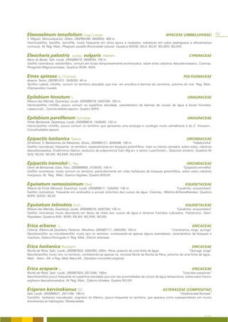 Elaeoselinum tenuifolium (Lag.) Lange                                                            APIACEAE (UMBELLIFERAE)              73
S. Miguel; Moncarapacho, Olhão; 29SPB0306; 09/06/93; 400 m.
Hemicriptófito, basófilo, termófilo, muito frequente em sítios secos e insolados, sobretudo em solos pedregosos e afloramentos
rochosos; W. Reg. Med.; Phagnalo saxatilis-Rumicetalia indurati; Quadros III/XXIII; III/LII; III/LXI; III/LXXIV; III/LXXV.


Eleocharis palustris           subsp.   vulgaris     Walters                                                      CYPERACEAE
Nave do Barão, Salir, Loulé; 29SNB8419; 08/06/94; 150 m.
Geófito rizomatoso, estolonífero, comum em locais temporariamente encharcados, sobre solos calcários descarbonatados; Cosmop;
Phragmito-Magnocaricetea; Quadros III/VIII; III/XV.


Emex spinosa (L.) Campd.                                                                                      POLYGONACEAE
Asseca, Tavira; 29SPB1412; 16/02/93; 40 m.
Terófito ruderal, nitrófilo, comum no território estudado que vive em entulhos e bermas de caminhos, próximo do mar; Reg. Med.,
Chenopodion muralis.


Epilobium hirsutum L.                                                                                            ONAGRACEAE
Ribeira das Mercês, Querença, Loulé; 29SNB9016; 04/07/94; 150 m.
Hemicriptófito nitrófilo, pouco comum na superfície estudada, característico de bermas de cursos de água e locais húmidos;
Lateeurosib.; Convolvuletalia sepium; Quadro III/XVI.


Epilobium parviflorum Schreber                                                                                   ONAGRACEAE
Fonte Benémola, Querença, Loulé; 29SNB8818; 15/09/95; 150 m.
Hemicriptófito nitrófilo, pouco comum no território que apresenta uma ecologia e corologia muito semelhante à do E. hirsutum.;
Convolvuletalia sepium.


Epipactis lusitanica Tyteca                                                                                     ORCHIDACEAE
Zimbreira, S. Bartolomeu de Messines, Silves; 29SNB6121; 30/05/96; 180 m.                                          “Heleborinha”
Geófito rizomatoso, frequente no território, especialmente em bosques perenifólios, mais ou menos cerrados, sobre solos calcários
descarbonatados; Endemismo Ibérico, exclusivo da subprovíncia Gad.-Alg.arv. e sector Luso-Extrem.; Quercion broteroi; Quadros III/
XLIV; III/LXX; III/LXXI; III/LXXIII; III/LXXVII.


Epipactis tremolsii C. Pau                                                                                      ORCHIDACEAE
Cerro da Bemposta, Estoi, Faro; 29SNB9809; 31/05/93; 140 m.                                                 “Epipactis-vermelha”
Geófito rizomatoso, muito comum no território, particularmente em orlas herbáceas de bosques perenifólios, sobre solos calcários
margosos; W. Reg. Med.; Querco-Fagetea; Quadro III/XLVII.


Equisetum ramosissimum Desf.                                                                                   EQUISETACEAE
Ribeira da Fonte Menaval, Querença, Loulé; 29SNB8817; 13/04/93; 140 m.                              “Cavalinha; erva-pinheira”
Geófito rizomatoso frequente em arrelvados e juncais próximos dos cursos de água; Cosmop., Molinio-Arrhenatheretea; Quadros
III/XIV; III/XXX; III/LVII


Equisetum telmateia Ehrh.                                                                                      EQUISETACEAE
Ribeira das Mercês, Querença, Loulé; 29SNB9016; 04/07/94; 150 m.                                  “Cavalinha; erva-pinheira”
Geófito rizomatoso muito abundante em leitos de cheia dos cursos de água e terrenos húmidos cultivados; Holoárctico; Salici-
Populetea; Quadros III/XI; III/XIV; III/LXIV; III/LXVIII; III/LXIX.


Erica arborea         L.                                                                                            ERICACEAE
Cotovio, Ribeira de Quarteira, Paderne, Albufeira; 29SNB7111; 28/03/95; 100 m.                     “Urze-branca; torga; quiroga”
Nanofanerófito ou microfanerófito muito raro no território, conhecendo-se apenas alguns exemplares, característico de bosques e
machiais; Galaico-Português e Reg. Med.; Ericion arboreae.


Erica lusitanica Rudolphi                                                                                           ERICACEAE
Rocha da Pena; Salir; Loulé; 29SNB7924; 20/03/95; 200m; Pena, próximo de uma linha de água;                   “Quiroga; torga”
Nanofanerófito muito raro no território, conhecendo-se apenas na encosta Norte da Rocha da Pena, próximo de uma linha de água.;
Med. - Ibero - Atl. e Reg. Med.-Ibero-Atl.; Genistion micrantho-anglicae.


Erica scoparia L.                                                                                                   ERICACEAE
Rocha da Pena; Salir; Loulé; 29SNB7924; 05/12/96; 190m;                                                     “Urze-das-vassouras”
Nanofanerófito pouco frequente na superfície estudada que vive nas proximidades de cursos de água temporários, sobre solos franco-
argilosos descarbonatados; W. Reg. Med.; Calluno-Ulicetea; Quadro III/LXXI.


Erigeron karvinskianus DC.                                                                     ASTERACEAE (COMPOSITAE)
Salir, Loulé; 29SNB8521; 25/11/94; 180 m.                                                                “Vitadínia-das-floristas”
Caméfito herbáceo naturalizado, originário do México, pouco frequente no território, que aparece como subespontâneo em muros
envolventes às habitações; Parietarietalia.



                                                                                                                            A FLORA
 