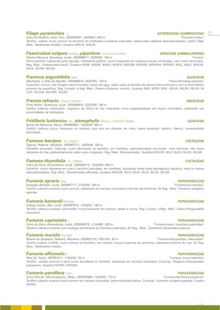 Filago pyramidata                 L.                                                                            ASTERACEAE (COMPOSITAE)                     77
Cerro do Guilhim, Estoi, Faro; 29SNB9507; 28/04/93; 200 m.                                                          “Erva-dos-ninhos”
Terófito, ruderal, muito comum no território em arrelvados e terrenos cultivados, sobre solos calcários descarbonatados; Latem. (Reg.
Med.; Stellarietea mediae); Quadros III/XLVI; III/XLIX.


Foeniculum vulgare subsp. piperitum (Ucria) Coutinho                                                              APIACEAE (UMBELLIFERAE)
Ribeira Menaval, Querença, Loulé; 29SNB8817; 25/05/94; 130 m.                                                                                “Funcho”
Hemicriptófito ruderal de porte elevado, indiferente edáfico, muito frequente em cultivos e locais nitrificados, com solos removidos;
Reg. Med.; Carthametalia lanati; Quadros III/XIII; III/XXIV; III/XXV; III/XXVI; III/XXXIII; III/XXXIV; III/XXXVII; III/XXXIX; III/XL; III/XLI; III/XLVII;
III/LIII; III/LXIV; III/LXVI.


Fraxinus angustifolia Vahl                                                                                                                OLEACEAE
Machados, S. Brás de Alportel; 29SNB9810; 26/07/93; 140 m.                                                  “Freixo-de-folhas-estreitas”
Fanerófito comum nas margens dos principais cursos de água, sobre solos profundos de textura franco-limosa e com o nível freático
próximo da superfície; Reg. Eurosib. e Reg. Med.; Fraxino-Ulmenion minoris; Quadros III/XI; III/XIII; III/XL; III/LVII; III/LXIV; III/LXV; III/
LXVI; III/LXVII; III/LXVIII; III/LXIX.


Freesia refracta             (Jacq.) Ecklon                                                                                              IRIDACEAE
Porto Nobre, Querença, Loulé; 29SNB8916; 22/02/94; 180 m.
Geófito bolboso introduzido, originário da África do Sul, frequente como subespontânea em locais nitrificados, sobretudo nas
proximidades de habitações.


Fritillaria lusitanica var. stenophylla (Boiss. & Reuter) Baker                                                                           LILIACEAE
Rocha de Messines, Silves; 29SNB6823; 10/03/94; 300 m.
Geófito bolboso pouco frequente no território que vive em clareiras de mato, sobre substrato calcário; Ibérico; Lavanduletalia
stoechadis.


Fumana laevipes                 (L.) Spach                                                                                               CISTACEAE
Tigarral, Paderne, Albufeira; 29SNB7211; 19/05/94; 100 m.
Caméfito prostrado, calcícola, muito abundante no território, em tomilhais, particularmente nos locais mais térmicos, não muito
distantes do mar, preferentemente sobre solos margosos; Reg. Med.; Rosmarinetalia; Quadros III/XLVIII; III/LII; III/LIV; III/LXII; III/LXIII.


Fumana thymifolia                  (L.) Webb                                                                                             CISTACEAE
Cerro de Zorra, Amendoeira, Loulé; 29SNB9115; 12/04/90; 260 m.
Caméfito muito frequente em todo o território estudado, em tomilhais, sobretudo sobre solos pedregosos calcários, mais ou menos
descarbonatados; Reg. Med.; Rosmarinetea officinalis; Quadros III/XLVIII; III/LII; III/LIII; III/LIV; III/LXII; III/LXIII.


Fumaria agraria Lag.                                                                                                              PAPAVERACEAE
Espargal, Benafim, Loulé; 29SNB7717; 21/02/95; 340 m.                                                  “Fumária-dos-campos”
Terófito ruderal e arvense muito comum, sobretudo em campos cultivados e bermas de caminhos; W. Reg. Med.; Fumarion wirtgenii-
agrariae.


Fumaria bastardii Boreau                                                                                                          PAPAVERACEAE
Cabeça Gorda; Alte; Loulé; 29SNB7616; 15/04/93; 140 m.
Terófito ruderal e arvense, subnitrófilo, muito frequente em cultivos, sebes e muros; Reg. Eurosib. e Reg. Med.; Solano-Polygonetalia
convolvuli.

Fumaria capreolata L.                                                                                                             PAPAVERACEAE
Cerro da Zorra, Amendoeira, Loulé; 29SNB9016; 21/04/96; 280 m.                              “Fumária-maior; catarinas-queimadas”
Terófito ruderal e arvense com ecologia semelhante às Fumárias anteriores; W. Reg. Med.; Cardamino-Geranietea purpurei.

Fumaria muralis Sonder                                                                                                            PAPAVERACEAE
Ribeira de Quarteira, Paderne, Albufeira; 29SNB7210; 16/01/95; 30 m.                              “Fumária-das-paredes; salta-sebes”
Terófito ruderal, nitrófilo, muito comum no território, em cultivos, muros e bermas de caminhos, sobretudo próximo do mar; W. Reg.
Med.; Stellarienea mediae.

Fumaria officinalis L.                                                                                                            PAPAVERACEAE
Pêro Gil, Tavira; 29SPB1911; 17/02/93; 50 m.                                                             “Fumaria; erva-moleirinha”
Terófito ruderal, arvense e viário muito abundante no território, sobretudo em terrenos cultivados; Cosmop.; Polygono-Chenopodion
polyspermi; Quadros III/XXXI; III/XXXIX.

Fumaria parviflora Lam.                                                                                                           PAPAVERACEAE
Cerro Grande, Moncarapacho, Olhão; 29SPB0909; 13/03/95; 110 m.                                    “Fumaria-das-flores-pequenas”
Terófito ruderal e arvense muito comum em campos cultivados, sobre substrato básico; Cosmop.; Fumarion wirtgenii-agrariae; Quadro
III/XXXI.




                                                                                                                                                  A FLORA
 