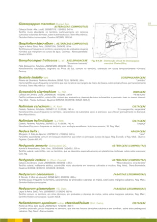 Glossopappus macrotus (Durieu) Briq.                                                                                                          81
                                        ASTERACEAE (COMPOSITAE)
Cabeça Gorda; Alte; Loulé; 29SNB7516; 15/04/93; 240 m.
Terófito muito abundante no território, particularmente em terrenos
cultivados e clareiras de matos, sobre substrato básico; Íbero-Mauritânico;
Cerintho-Fedion cornucopiae; Quadros III/XXXIV; III/XLVII.


Gnaphalium luteo-album L. ASTERACEAE (COMPOSITAE)
Lagos e Relva; Estoi; Faro; 29SNB7208; 29/04/95; 50 m.
Terófito pouco frequente no território, característico de arrelvados e lugares
húmidos que marginam os cursos de água; Cosmop.; Nanocyperetalia;
Quadro III/XIX.


Gomphocarpus fruticosus (L.) W.                            ASCLEPIADACEAE
                                                                        Fig. II/1.21 - Distribuição virtual de Glossopappus
                                                  “Sumaúma- bastarda”                  macrotus (Durieu) Briq.
Patã, Boliqueime, Albufeira, 29SNB7208; 29/04/95; 50 m.
Nanofanerófito naturalizado, originário da África do Sul, comum no território, sobretudo em locais temporariamente húmidos;
Pantrop.


Gratiola linifolia Vahl                                                                                        SCROPHULARIACEAE
Ribeira de Quarteira; Paderne;Albufeira:29SNB 7210; 18/04/95; 30m;                                                             “Lenifólio”
Hemicriptófito pouco frequente no território que vive no leito e nas margens da ribeira da Asseca, sobre solos turfosos, permanentemente
húmidos; Íbero-Mauritânico – Subatl.


Gynandriris sisyrinchium                      (L.) Parl.                                                                    IRIDACEAE
Cabeço da Câmara, Loulé; 29SNB8308; 11/03/95; 100 m.                                                                 “Pé-de-burro”
Geófito indiferente edáfico, subnitrófilo, comum em arrelvados e clareiras de matos submetidos a pastoreio, mais ou menos intenso;
Reg. Med.; Poetea bulbosae; Quadros III/XXXVII; III/XXXVIII; III/XLVI; III/XLIX.


Halimium calycinum (L.) K. Koch                                                                                            CISTACEAE
Castelo, Paderne, Albufeira; 29SNB7112; 11/05/96; 140 m.                                              “Erva-sargacinha; sargacinha”
Nanofanerófito pouco frequente no território, característico de substratos secos e arenosos que afloram pontualmente no Barrocal;
Íbero-Mauritânico.


Halimium halimifolium                   (L.) Willk                                                                         CISTACEAE
Castelo, Paderne, Albufeira; 29SNB7112; 11/05/96; 140 m.                                                                       “Sargaça”
Nanofanerófito pouco frequente no território, com ecologia semelhante à do taxon anterior; W: Reg. Med.

Hedera helix L.                                                                                                           ARALIACEAE
Morgado, S. Brás de Alportel; 29SPB0212; 27/08/94; 320 m                                                               “Hera”
Fanerófito escandente comum em bosques ribeirinhos que orlam os principais cursos de água; Reg. Eurosib. e Reg. Med.; Querco-
Fagetea; Quadro III/LXIV.


Hedypnois arenaria                (Schousboe) DC.                                                    ASTERACEAE (COMPOSITAE)
Azinhal e Amendoeira, Estoi, Faro; 29SNB9908; 28/04/93; 200 m.
Terófito ruderal, subnitrófilo, raro no território, que se descobriu esporadicamente em plataformas rochosas, sobre solos arenosos;
Gad.-Alg.


Hedypnois cretica               (L.) Dum.-Courset                                                    ASTERACEAE (COMPOSITAE)
Cabeço da Câmara, Loulé; 29SNB8308; 05/05/94; 140 m.                                                  “Alface-de-porco; erva-de-leite”
Terófito ruderal, indiferente edáfico, subnitrófilo muito abundante em terrenos cultivados e incultos; Reg. Med.; Thero-Brometalia;
Quadros III/XXXIII; III/XXXVII; III/XXXVIII; III/XXXIX.


Hedysarum coronarium                     L.                                                            FABACEAE (LEGUMINOSAE)
S. Romão; S. Brás de Alportel: 29SNB 9413; 03/06/95; 300m;
Terófito pouco frequente no território, característico de arrelvados e clareiras de matos, sobre solos margosos calcários; Reg. Med.;
Cerintho-Fedion cornucopiae.


Hedysarum glomeratum                      F.G. Dietr.                                                  FABACEAE (LEGUMINOSAE)
Lagos e Relva, Estoi, Faro; 29SNB9507; 01/06/94; 160 m.
Terófito comum no território, em sítios térmicos, em arrelvados e clareiras de matos, sobre solos margosos calcários; Reg. Med.;
Cerintho-Fedion cornucopiae; Quadro III/LIII.


Helianthemum apeninum subsp. stoechadifolium (Brot.) Samp.                                                                 CISTACEAE
Rocha da Pena, Salir, Loulé; 29SNB7923; 14/03/95; 460 m.
Caméfito prostrado, pouco frequente no território, que vive nas fissuras de rochas calcárias e em tomilhais, sobre solos pedregosos
calcários; Reg. Med.; Rosmarinetalia.


                                                                                                                                    A FLORA
 