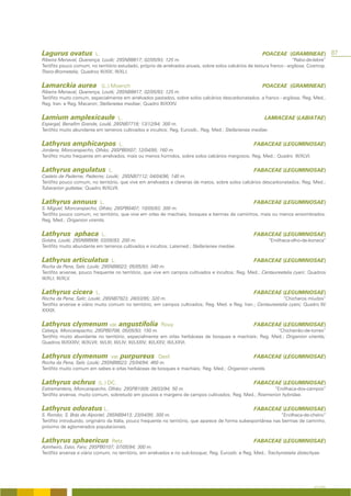 Lagurus ovatus           L.                                                                             POACEAE (GRAMINEAE)                87
Ribeira Menaval, Querença, Loulé; 29SNB8817; 02/05/93; 125 m.                                                           “Rabo-de-lebre”
Terófito pouco comum, no território estudado, próprio de arrelvados anuais, sobre solos calcários de textura franco - argilosa; Cosmop.
Thero-Brometalia; Quadros III/XIX; III/XLI.


Lamarckia aurea               (L.) Moench                                                               POACEAE (GRAMINEAE)
Ribeira Menaval, Querença, Loulé; 29SNB8817; 02/05/93; 125 m.
Terófito muito comum, especialmente em arrelvados pastados, sobre solos calcários descarbonatados. a franco - argilosa; Reg. Med.,
Reg. Iran. e Reg. Macaron; Stellarietea mediae; Quadro III/XXXV.


Lamium amplexicaule                      L.                                                              LAMIACEAE (LABIATAE)
Espargal, Benafim Grande, Loulé, 29SNB7718; 13/12/94; 300 m.
Terófito muito abundante em terrenos cultivados e incultos; Reg. Eurosib., Reg. Med.; Stellarienea mediae.


Lathyrus amphicarpos                     L.                                                         FABACEAE (LEGUMINOSAE)
Jordana, Moncarapacho, Olhão; 29SPB0507; 12/04/95; 160 m.
Terófito muito frequente em arrelvados, mais ou menos húmidos, sobre solos calcários margosos; Reg. Med.; Quadro III/XLVI.


Lathyrus angulatus                 L.                                                               FABACEAE (LEGUMINOSAE)
Castelo de Paderne; Paderne; Loulé; 29SNB7112; 04/04/96; 140 m.
Terófito pouco comum, no território, que vive em arrelvados e clareiras de matos, sobre solos calcários descarbonatados; Reg. Med.;
Tuberarion guttatae; Quadro III/XLVII.


Lathyrus annuus               L.                                                                    FABACEAE (LEGUMINOSAE)
S. Miguel, Moncarapacho, Olhão; 29SPB0407; 10/05/93; 300 m.
Terófito pouco comum, no território, que vive em orlas de machiais, bosques e bermas de caminhos, mais ou menos ensombrados.
Reg. Med.; Origanion virentis.


Lathyrus aphaca               L.                                                                    FABACEAE (LEGUMINOSAE)
Goldra, Loulé; 29SNB8908; 03/05/93; 200 m.                                                                   “Ervilhaca-olho-de-boneca”
Terófito muito abundante em terrenos cultivados e incultos; Latemed.; Stellarienea mediae.


Lathyrus articulatus                L.                                                              FABACEAE (LEGUMINOSAE)
Rocha da Pena, Salir, Loulé; 29SNB8023; 05/05/93; 340 m.
Terófito arvense, pouco frequente no território, que vive em campos cultivados e incultos; Reg. Med.; Centaureetalia cyani; Quadros
III/XLI; III/XLV.


Lathyrus cicera          L.                                                                         FABACEAE (LEGUMINOSAE)
Rocha da Pena; Salir; Loulé; 29SNB7923; 28/03/95; 320 m.                                                       “Chicharos míudos”
Terófito arvense e viário muito comum no território, em campos cultivados; Reg. Med. e Reg. Iran.; Centaureetalia cyani; Quadro III/
XXXIX.


Lathyrus clymenum var. angustifolia                     Rouy                                        FABACEAE (LEGUMINOSAE)
Cabeça, Moncarapacho; 29SPB0708; 05/05/93; 150 m.                                                      “Chicharrão-de-torres”
Terófito muito abundante no território, especialmente em orlas herbáceas de bosques e machiais; Reg. Med.; Origanion virentis;
Quadros III/XXXIV; III/XLVII; III/LIII; III/LIV; III/LXXIV; III/LXXV; III/LXXVI.


Lathyrus clymenum                  var. purpureus Desf.                                             FABACEAE (LEGUMINOSAE)
Rocha da Pena, Salir, Loulé; 29SNB8023; 25/04/94; 460 m.
Terófito muito comum em sebes e orlas herbáceas de bosques e machiais; Reg. Med.; Origanion virentis.


Lathyrus ochrus           (L.) DC.                                                                  FABACEAE (LEGUMINOSAE)
Estiramantens, Moncarapacho, Olhão; 29SPB1009; 28/03/94; 50 m.                                        “Ervilhaca-dos-campos”
Terófito arvense, muito comum, sobretudo em pousios e margens de campos cultivados; Reg. Med.; Roemerion hybridae.


Lathyrus odoratus L.                                                                                FABACEAE (LEGUMINOSAE)
S. Romão; S. Brás de Alportel; 29SNB9413; 23/04/95; 300 m.                                                        “Ervilhaca-de-cheiro”
Terófito introduzido, originário da Itália, pouco frequente no território, que aparece de forma subespontânea nas bermas de caminho,
próximo de aglomerados populacionais.


Lathyrus sphaericus                 Retz.                                                           FABACEAE (LEGUMINOSAE)
Azinheiro, Estoi, Faro; 29SPB0107; 07/05/94; 300 m.
Terófito arvense e viário comum, no território, em arrelvados e no sub-bosque; Reg. Eurosib. e Reg. Med.; Trachynietalia distachyae.




                                                                                                                                 A FLORA
 