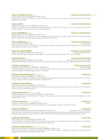 Lotus conimbricensis                     Brot.                                                                   FABACEAE (LEGUMINOSAE)                    91
Nave do Barão, Salir, Loulé; 29SNB8419; 08/06/94; 160 m.
Terófito pouco comum, no território, que vive em arrelvados, sobre solos, mais ou menos húmidos.; Reg. Med.; Trachynietalia
distachyae; Quadro III/XV.


Lotus edulis           L.                                                                                        FABACEAE (LEGUMINOSAE)
Lagoão, Moncarapacho; Olhão; 29SPB0704; 01/04/94; 30 m.
Terófito pouco frequente, na superfície estudada, característico de locais térmicos e secos, que vive em arrelvados, sobre solos
calcários margosos e pedregosos; Reg. Med.; Thero-Brometalia.


Lotus subbiflorus                Lag.                                                                            FABACEAE (LEGUMINOSAE)
Nave do Barão, Salir, Loulé; 29SNB8419; 13/04/94; 160 m.
Terófito pouco comum, no território, que vive em arrelvados temporariamente encharcados, sobre solos frescos de textura arenosa.
Iber.-Atl. e Reg. Med.; Isoeto-Nanojuncetea; Quadros III/VII; III/VIII; III/IX; III/LV.


Lotus uliginosus Schkuhr                                                                                         FABACEAE (LEGUMINOSAE)
Lagos e Relva. Estoi; 05/07/95; 250.                                                                          “Erva-coalheira”
Hemicriptófito pouco comum, característico de arrelvados que marginam cursos de água e valas de drenagem, sobre solos frescos;
Reg. Eurosib e Reg. Med.; Juncion acutiflori.


Lupinus angustifolius                    L.                                                                      FABACEAE (LEGUMINOSAE)
Lagoão, Moncarapacho; 29SPB0704; 01/04/94; 30 m.                                                       “Tremoço-de-folhas-estreitas”
Terófito indiferente edáfico, frequente em arrelvados e incultos sobre solos calcários; Reg. Med.; Thero-Brometalia.


Lupinus luteus              L.                                                                                   FABACEAE (LEGUMINOSAE)
Lagoão, Moncarapacho; 29SPB0704; 01/04/94; 30 m.                                                “Tremoço-de-folhas-estreitas; tremocilha”
Terófito indiferente edáfico, pouco frequente que ocorre em campos cultivados e arrelvados sobre solos calcários. Cosmop.; Thero-Brometalia.


Lycopus europaeus                   L’Hér.                                                                             LAMIACEAE (LABIATAE)
Ponte da Tôr, Aldeia da Tôr, Loulé; 29SNB8616; 30/04/94; 120 m.                                                  “Marroio-da-água”
Proto-Hemicriptófito ou helófito pouco comum, no território, característico de sítios húmidos que marginam os cursos de água; Reg.
Eurosib e Reg. Med.; Phragmito-Magnocaricetea; Quadro III/XI.


Lythrum borysthenicum (Schrank) Litv.                                                                                                LYTHRACEAE
Nave do Barão, Salir, Loulé; 29SNB8419; 14/04/96; 160 m.
Terófito comum em pequenas depressões, em arrelvados temporariamente encharcados, sobre solos calcários com textura franco-
limosa; Latemed.; Isoetion; Quadros III/VI; III/VII; III/VIII; III/IX; III/XV.


Lythrum hyssopifolia                     L.                                                                                          LYTHRACEAE
Nave do Barão, Salir, Loulé; 29SNB8419; 14/04/96; 160 m.
Terófito frequente no território, sobretudo em arrelvados temporariamente encharcados, sobre solos calcários com textura franco -
limosa. Reg. Med.; Isoeto-Nanojuncetea.


Lythrum junceum Banks &                       Solander                                                                               LYTHRACEAE
Monteiro, Machados, S. Brás, de Alportel; 29SPB0010; 25/05/96; 240 m.
Hemicriptófito comum em sítios húmidos e margens de cursos de água; Cantáb.-Atl. e Reg. Med.; Paspalo-Polypogonion viridis;
Quadros III/LVIII; III/LIX.


Lythrum portula                  ( L. ) D. A. Webb                                                                                   LYTHRACEAE
S. Romão, S. Brás de Alportel; 29SNB9414; 23/04/93; 340 m.                                                                                   “Patinha”
Terófito comum em locais húmidos, charcos e margens de cursos de água; Holárctico; Isoeto-Nanojuncetea.


Lythrum salicaria L.                                                                                                                 LYTHRACEAE
Ribeira da Fonte Menaval, Querença, Loulé; 29SNB8818; 21/07/94; 150 m.                                            “Salgueirinha; salicaria; erva-cropal”
Hemicriptófito muito abundante, no território, em terrenos permanentemente inundados e em margens de cursos de água; Holárctico,
Phragmito-Magnocaricetea; Quadros III/IV; III/XI; III/XIII; III/XIV; III/XVI; III/XL; III/LVIII; III/LXIV; III/LXV; III/LXVII; III/LXVIII; III/LXIX.


Lythrum thymifolia                  L.                                                                                               LYTHRACEAE
Nave do Barão, Salir, Loulé; 29SNB8419; 14/04/96; 160 m.
Terófito frequente no território, sobretudo em arrelvados temporariamente encharcados, sobre solos calcários com textura franco -
limosa. Reg. Med.; Isoeto-Nanojuncetea; Quadros III/I; III/VII; III/VIII; III/X.


Lythrum tribracteatum (Salzm.) ex Sprengel                                                                                           LYTHRACEAE
Ribeira das Ondas, Foupana, Moncarapacho, Olhão; 29SPB0809; 25/09/95; 110 m.
Terófito, pouco frequente no território, característico de locais temporariamente encharcados e pantanosos. Latemed.; Lythrion
tribacteati; Quadros III/VI; III/VII; III/VIII; III/IX; III/X; III/XV.


                                                                                                                                                 A FLORA
 