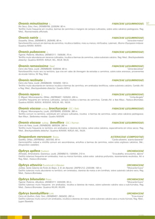 Ononis minutissima                     L.                                                           FABACEAE (LEGUMINOSAE)                97
Rio Seco, Estoi, Faro; 29SNB9708; 22/05/94; 90 m.
Terófito muito frequente em incultos, bermas de caminhos e margens de campos cultivados, sobre solos calcários pedregosos; Reg.
Med.; Rosmarinetalia officinalis.


Ononis natrix         L.                                                                            FABACEAE (LEGUMINOSAE)
Gorpelha, Silves; 29SNB4615; 26/04/95; 80 m.                                                                  “Joina-dos-matos”
Nanofanerófito comum em bermas de caminhos, incultos e baldios, mais ou menos, nitrificados; Latemed.; Bromo-Oryzopsion miliacei.
Quadros III/XXIV; III/XXVI.


Ononis pubescens                  L.                                                                FABACEAE (LEGUMINOSAE)
Tigarral, Paderne, Albufeira; 29SNB7211; 19/05/95; 70 m.
Terófito muito abundante em terrenos cultivados, incultos e bermas de caminhos, sobre substrato calcário; Reg. Med.; Brachypodietalia
distachyi; Quadros III/XXVII; III/XLVI; III/L; III/LIII; III/LIV.


Ononis ramosissima                     Desf.                                                        FABACEAE (LEGUMINOSAE)
Cerro dos Fatos, Loulé; 29SNB8209; 03/05/94; 80 m.                                                              “Joina-das-areias”
Nanofanerófito muito raro no território, que vive em valas de drenagem de estradas e caminhos, sobre solos arenosos, provenientes
da erosão hídrica; W. Reg. Med.


Ononis reclinata             L.                                                                     FABACEAE (LEGUMINOSAE)
Cerro dos Fatos, Loulé; 29SNB8209; 15/04/93; 100 m.
Terófito muito abundante em terrenos incultos e bermas de caminhos, em arrelvados terofíticos, sobre substrato calcário; Cantáb.-Atl.
e Reg. Med.; Brachypodietalia distachyi; Quadro III/XLV.


Ononis repens           L.                                                                          FABACEAE (LEGUMINOSAE)
S. Miguel, Moncarapacho, Olhão; 29SPB0407; 10/05/93; 200 m.                                                     “Unha-de-gato”
Caméfito frequente em terrenos cultivados, campos incultos e bermas de caminhos; Cantáb.-Atl. e Iber.-Maur.; Festuco-Brometea;
Quadros III/XXIV; III/XXVI; III/XXXVII; III/XLVII; III/L; III/LIII.


Ononis viscosa subsp. brachycarpa                      (DC.) Batt.                                  FABACEAE (LEGUMINOSAE)
S. Miguel, Moncarapacho, Loulé; 29SPB0406; 03/05/94; 380 m.
Terófito comum no território, sobretudo em campos cultivados, incultos e bermas de caminhos, sobre solos calcários pedregosos.
Iber.-Maur.; Stellarietea mediae; Quadro III/XXVIII.


Ononis viscosa             subsp.       breviflora   (DC.) Nyman                                    FABACEAE (LEGUMINOSAE)
Cerro do Fatos, Loulé; 29SNB8209; 08/05/94; 380 m.
Terófito muito frequente no território, em arrelvados e clareiras de matos, sobre solos calcários, especialmente em sítios secos; Reg.
Med.; Brachypodietalia distachyi; Quadros III/XXXIX; III/XLVI; III/L; III/LIII.


Onopordum nervosum                          Boiss.                                                ASTERACEAE (COMPOSITAE)
Quelfes, Olhão; 29SPB0502; 26/07/93; 60 m.                                                  “Cardo-silvestre; acanto-bastardo”
Hemicriptófito ruderal e nitrófilo comum em escombreiras, entulhos e bermas de caminhos, sobre solos argilosos calcários; Bét.;
Onopordion castellani.


Ophrys apifera Hudson                                                                                               ORCHIDACEAE
Almarjão, Amendoeira, Querença, Loulé; 29SNB9215; 13/04/94; 210 m.                             “Erva-abelha, erva-aranha; alpívre”
Geófito tuberoso frequente em arrelvados, mais ou menos húmidos, sobre solos calcários profundos, recentemente revolvidos; Atl. e
Reg. Med.; Festuco-Brometea.


Ophrys attaviria Ruckbrodt & Wenker                                                                                 ORCHIDACEAE
Juliões, Santa Catarina da Fonte do Bispo, S. B. de Alportel; 29SPB1212; 23/03/96; 100 m.                          “Moscardo-fusco”
Geófito tuberoso muito abundante no território, em arrelvados, clareiras de matos e em tomilhais, sobre substrato calcário seco, Reg.
Med.; Festuco-Brometea.


Ophrys bilunulata Risso                                                                                             ORCHIDACEAE
Tigarral, Paderne, Albufeira; 29SNB7211; 03/03/95; 60 m.                                                        “Moscardo-fusco”
Geófito tuberoso muito frequente em arrelvados, incultos e clareiras de matos, sobre substrato calcário seco a sub-húmidos, Reg.
Med.; Festuco-Brometea; Quadros III/LXII; III/LXIII.


Ophrys bombyliflora Link                                                                                            ORCHIDACEAE
Cerro do Guilhim, Estoi, Faro; 29SNB9407; 28/04/93; 260 m.                                                            “Erva-mosca”
Geófito tuberoso muito comum em arrelvados, incultos e clareiras de matos, sobre substrato calcário seco a muito húmido, Reg. Med.;
Lygeo-Stipetalia.




                                                                                                                                A FLORA
 