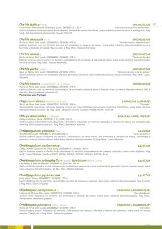 Orchis italica Poiret                                                                                                ORCHIDACEAE            99
Fonte Filipe, Amendoeira, Querença, Loulé; 29SNB9215; 170 m.                                   “Flor-dos-macaquinhos pendurados”
Geófito tuberoso muito abundante em arrelvados, clareiras de matos e tomilhais, sobre substratos básicos secos e pedregosos; Reg.
Med.; Brachypodietalia phoenicoidis; Quadro III/XLVIII.


Orchis mascula (L.) L.                                                                                               ORCHIDACEAE
Rocha da Pena, Salir, Loulé; 29SNB8023; 04/04/96; 470 m.                                           “Satirião-macho, salpeira-maior”
Geófito, tuberoso, raro no território que vive em arrelvados e clareiras de matos, sobre solos calcários descarbonatados secos a
húmidos, sobretudo em lapiás; Reg. Eurosib. e Reg. Med.; Festuco-Brometea.


Orchis morio L.                                                                                                      ORCHIDACEAE
Rocha da Pena, Salir, Loulé; 29SNB8024; 08/04/96; 470 m.                                                              “Testiculo-de-cão”
Geófito, tuberoso, pouco comum no território, característico de arrelvados e clareiras de matos, sobre solos calcários descarbonatados
secos a húmidos; Reg. Med.; Festuco-Brometea.


Orchis picta Loisel.                                                                                                 ORCHIDACEAE
Nave do Barão, Salir, Loulé; 29SNB8420; 23/03/95; 260 m.                                         “Testículo-de-cão, erva-do-salepo”
Geófito tuberoso comum em arrelvados, clareiras de matos e tomilhais, sobre substratos básicos secos e rochosos; Reg. Med.; Lygeo-
Stipetalia.


Orchis tenera         (Landwehr) C. A. J. Kreutz                                                                     ORCHIDACEAE
Rocha da Pena, Salir, Loulé; 29SNB8023; 04/04/96; 470 m.
Geófito tuberoso, raro no território, característico de substratos calcários secos a frescos, mais ou menos descarbonatados; Bét. e
Iber.-Atl.; Brachypodietalia phoenicoidis.
Planta nova para Portugal.


Origanum virens            Hoffmanns. & Link                                                              LAMIACEAE (LABIATAE)
Rocha da Pena, Salir, Loulé; 29SNB7924; 31/05/93; 300 m.                                                              “Ouregão”
Hemicriptófito rizomatoso, silicícola, bastante comum em orlas herbáceas de bosques e machiais mesofíticos, sobre solos calcários
descarbonatados húmidos; W. Reg. Med.; Origanion virentis; Quadros III/XLIV; III/LXX; III/LXXVII.


Orlaya daucoides (L.) Greuter                                                                         APIACEAE (UMBELLIFERAE)
Cabeço da Zorra, Tavira; 29SPB1512; 01/04/96; 100 m.
Terófito ruderal, subnitrófilo muito abundante, no território, sobretudo em terrenos cultivados e clareiras de matos, em arrelvados algo
nitrófilos, sobre substrato calcário; Reg. Med.; Roemerion hybridae.


Ornithogalum gussonei Ten.                                                                                                 LILIACEAE
Amendoeira, Loulé; 29SNB9215; 05/04/93; 220 m.                                                                 “Leite-de-galinha”
Geófito bolboso pouco frequente no território, característico de sítios secos, em arrelvados e clareiras de matos, submetidos a
pastoreio, mais ou menos intenso, sobre solos calcários descarbonatados; W. Reg. Med.; Lygeo-Stipetalia.


Ornithogalum narbonense L.                                                                                                 LILIACEAE
Cabeça Gorda, Campina de Cima, Loulé; 29SNB8813; 21/04/93; 300 m.
Geófito bolboso ruderal e nitrófilo muito abundante no território, especialmente em campos cultivados, sobre solos argilosos; Reg.
Med.; Lygeo-Stipetalia; Quadros III/XXV; III/XXVI; III/XXVII; III/XXXII; III/XXXIX; III/XLVII; III/LIII.


Ornithogalum orthophyllum                     subsp.   baeticum (Boiss.) Zahar.                                            LILIACEAE
Machados, S. Brás de Alportel; 29SNB9810; 23/03/94; 140 m.
Geófito bolboso ruderal e nitrófilo frequente em arrelvados e clareiras de matos, submetidos a pastoreio, mais ou menos intenso, sobre
solos calcários descarbonatados; W. Reg. Med.; Poetea bulbosae.


Ornithogalum pyrenaicum L.                                                                                                 LILIACEAE
Foral, Algoz, Silves; 29SNB6617; 11/05/96; 120 m.
Geófito bolboso raro no território, característico de orlas de bosques e machiais, sobre solos calcários descarbonatados; Reg. Eurosib.
e Reg. Med.; Querco-Fagetea.


Ornithopus compressus                  L.                                                            FABACEAE (LEGUMINOSAE)
Estevais de Moiros, Alte, Loulé; 29SNB7318; 03/05/96; 100 m.                                                  “Serradela-brava”
Terófito muito frequente no território, em arrelvados e clareiras de matos, sobre solos calcários descarbonatados; Reg. Med.;
Trachynietalia distachyae guttatae.


Ornithopus pinnatus (Millp.) Druce.                                                                  FABACEAE (LEGUMINOSAE)
Rocha da Pena, Salir, Loulé; 29SNB8023; 04/04/96; 470 m.                                                             “Serradela”
Terófito ruderal pouco frequente no território, característico de campos cultivados e bermas de caminhos, sobre solos de textura
arenosa; Cantáb.-Atl. e Reg. Med.; Tuberarion guttatae.




                                                                                                                                  A FLORA
 