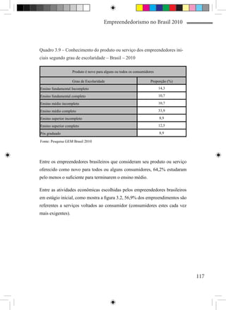 Empreendedorismo no Brasil 2010



Quadro 3.9 – Conhecimento do produto ou serviço dos empreendedores ini-
ciais segundo grau de escolaridade – Brasil – 2010

                   Produto é novo para alguns ou todos os consumidores

                   Grau de Escolaridade                             Proporção (%)
Ensino fundamental Incompleto                                            14,3

Ensino fundamental completo                                              10,7

Ensino médio incompleto                                                  10,7

Ensino médio completo                                                    33,9

Ensino superior incompleto                                               8,9

Ensino superior completo                                                 12,5

Pós graduado                                                             8,9

Fonte: Pesquisa GEM Brasil 2010




Entre os empreendedores brasileiros que consideram seu produto ou serviço
oferecido como novo para todos ou alguns consumidores, 64,2% estudaram
pelo menos o suficiente para terminarem o ensino médio.

Entre as atividades econômicas escolhidas pelos empreendedores brasileiros
em estágio inicial, como mostra a figura 3.2, 56,9% dos empreendimentos são
referentes a serviços voltados ao consumidor (consumidores estes cada vez
mais exigentes).




                                                                                    117
 
