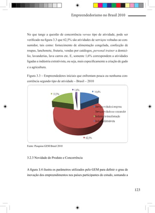 Empreendedorismo no Brasil 2010



No que tange a questão de concorrência versus tipo de atividade, pode ser
verificado na figura 3.3 que 62,5% são atividades de serviços voltadas ao con-
sumidor, tais como: fornecimento de alimentação congelada, confecção de
roupas, lanchonete, frutaria, vendas por catálogos, personal trainer a domicí-
lio, lavanderias, lava carros etc. E, somente 1,6% correspondem a atividades
ligadas a indústria extrativista, ou seja, mais especificamente a criação de gado
e a agricultura.

Figura 3.3 – Empreendedores iniciais que enfrentam pouca ou nenhuma con-
corrência segundo tipo de atividade – Brasil – 2010




Fonte: Pesquisa GEM Brasil 2010



3.2.3 Novidade do Produto e Concorrência


A figura 3.4 ilustra os parâmetros utilizados pelo GEM para definir o grau de
inovação dos empreendimentos nos países participantes do estudo, somando a



                                                                                    123
 