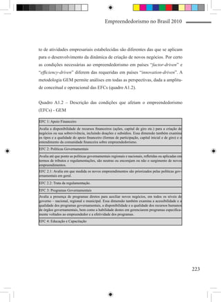 Empreendedorismo no Brasil 2010




to de atividades empresariais estabelecidas são diferentes das que se aplicam
para o desenvolvimento da dinâmica de criação de novos negócios. Por certo
as condições necessárias ao empreendedorismo em países “factor-driven” e
“efficiency-driven” diferem das requeridas em países “innovation-driven”. A
metodologia GEM permite análises em todas as perspectivas, dada a amplitu-
de conceitual e operacional das EFCs (quadro A1.2).


Quadro A1.2 – Descrição das condições que afetam o empreendedorismo
(EFCs) - GEM

EFC 1: Apoio Financeiro
Avalia a disponibilidade de recursos financeiros (ações, capital de giro etc.) para a criação de
negócios ou sua sobrevivência, incluindo doações e subsídios. Essa dimensão também examina
os tipos e a qualidade do apoio financeiro (formas de participação, capital inicial e de giro) e o
entendimento da comunidade financeira sobre empreendedorismo.
EFC 2: Políticas Governamentais
Avalia até que ponto as políticas governamentais regionais e nacionais, refletidas ou aplicadas em
termos de tributos e regulamentações, são neutras ou encorajam ou não o surgimento de novos
empreendimentos.
EFC 2.1: Avalia em que medida os novos empreendimentos são priorizados pelas políticas gov-
ernamentais em geral.
EFC 2.2: Trata da regulamentação.
EFC 3: Programas Governamentais
Avalia a presença de programas diretos para auxiliar novos negócios, em todos os níveis de
governo – nacional, regional e municipal. Essa dimensão também examina a acessibilidade e a
qualidade dos programas governamentais, a disponibilidade e a qualidade dos recursos humanos
de órgãos governamentais, bem como a habilidade destes em gerenciarem programas especifica-
mente voltados ao empreendedor e a efetividade dos programas.
EFC 4: Educação e Capacitação




                                                                                                     223
 
