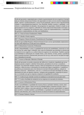 Empreendedorismo no Brasil 2010




      Avalia até que ponto a capacitação para a criação ou gerenciamento de novos negócios é incorpo-
      rada aos sistemas educacionais formais e de capacitação em todos os níveis (ensinos fundamental,
      médio, superior e profissionalizante e cursos de pós-graduação, além de cursos especificamente
      voltados a empreendedorismo/negócios). Essa dimensão também examina a qualidade, a rel-
      evância e a profundidade da educação e dos programas de capacitação voltados à criação ou ao
      gerenciamento de novos negócios, a filosofia do sistema educacional direcionada à inovação e à
      criatividade, a competência dos professores para o ensino do empreendedorismo, a experiência
      dos gerentes e empreendedores em lidar com trabalhadores.
      EFC 4.1: Trata do Ensino Fundamental e Médio.
      EFC 4.2: Aborda o Ensino superior.
      EFC 5: Pesquisa e Desenvolvimento (Transferência de Tecnologia)
      Avalia em que medida Pesquisa e Desenvolvimento levam a novas oportunidades empresariais e
      se estas estão disponíveis ou não para novas empresas.
      EFC 6: Infraestrutura Comercial e Profissional
      Avalia a disponibilidade, o custo e a qualidade dos serviços de contabilidade, comerciais ou out-
      ros serviços de ordem legal e tributária, bem como de instituições que permitam ou promovam
      a criação de novos negócios ou a sobrevivência de negócios em crescimento. Também examina
      a acessibilidade às informações de variadas fontes, como internet, revistas, jornais e periódicos
      sobre economia nacional e internacional, processos de start-up, como escrever um plano de negó-
      cios e demandas de mercado.
      EFC 7: Acesso ao Mercado e Barreiras à Entrada
      Avalia até que ponto os acordos comerciais são inflexíveis e imutáveis, impedindo que novas
      empresas possam competir e substituir fornecedores, prestadores de serviço e consultores
      existentes. Essa dimensão também examina a falta de transparência do mercado (informação as-
      simétrica, a falta de acesso a informações de mercado para alguns compradores e vendedores),
      as políticas governamentais para criar abertura de mercado (licitações públicas, redução de
      barreiras comerciais – tabelamentos, cotas etc.), a estrutura do mercado (facilidade de entrada,
      dominação por parte de algumas empresas, vantagens para propaganda, competição de preços
      etc.) e a extensão com que as empresas competem em igualdade de condições.

      EFC 7.1: Avalia em que extensão ocorrem às mudanças no mercado de um ano para outro.
      EFC 7.2: Avalia a facilidade de entrada de novas empresas em mercados já existentes.

      EFC 8: Acesso à Infraestrutura Física
      Avalia a acessibilidade e a qualidade dos recursos físicos, incluindo: telefonia, correio, inter-
      net; energia, água, esgoto e outros serviços de utilidade pública; transporte terrestre, aéreo e
      marítimo; áreas e espaços; custo para aquisição ou aluguel de terrenos, propriedades ou espaços
      para escritório. Considera também a acessibilidade e a qualidade da matéria-prima e de recursos
      naturais como florestas, solo e clima favoráveis ao desenvolvimento de empreendimentos.
      EFC 9: Normas Culturais e Sociais




224
 