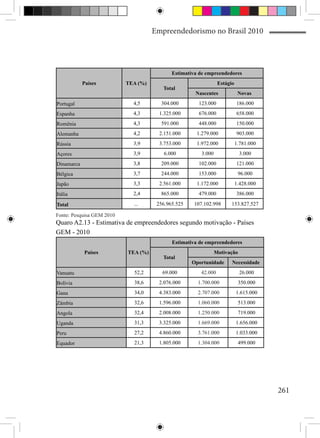 Empreendedorismo no Brasil 2010




                                            Estimativa de empreendedores
            Países         TEA (%)                              Estágio
                                        Total
                                                     Nascentes             Novas
Portugal                     4,5       304.000        123.000             186.000
Espanha                      4,3       1.325.000      676.000             658.000
Romênia                      4,3       591.000        448.000             150.000
Alemanha                     4,2       2.151.000      1.279.000           903.000
Rússia                       3,9       3.753.000      1.972.000           1.781.000
Açores                       3,9         6.000         3.000               3.000
Dinamarca                    3,8       209.000        102.000             121.000
Bélgica                      3,7       244.000        153.000              96.000
Japão                        3,3       2.561.000      1.172.000           1.428.000
Itália                       2,4       865.000        479.000             386.000

Total                        ...      256.965.525   107.102.998       153.827.527

Fonte: Pesquisa GEM 2010
Quaro A2.13 - Estimativa de empreendedores segundo motivação - Países
GEM - 2010
                                            Estimativa de empreendedores
            Países         TEA (%)                             Motivação
                                        Total
                                                    Oportunidade      Necessidade
Vanuatu                      52,2       69.000         42.000               26.000
Bolívia                      38,6      2.076.000      1.700.000            350.000
Gana                         34,0      4.383.000      2.707.000           1.615.000
Zâmbia                       32,6      1.596.000      1.060.000            513.000
Angola                       32,4      2.008.000      1.250.000            719.000
Uganda                       31,3      3.325.000      1.669.000           1.656.000
Peru                         27,2      4.860.000      3.761.000           1.033.000
Equador                      21,3      1.805.000      1.304.000            499.000




                                                                                      261
 
