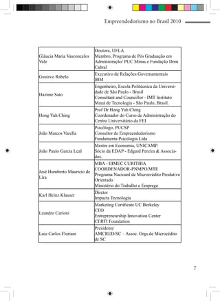 Empreendedorismo no Brasil 2010




                          Doutora, UFLA
Gláucia Maria Vasconcelos Membro, Programa de Pós Graduação em
Vale                      Administração/ PUC Minas e Fundação Dom
                          Cabral
                          Executivo de Relações Governamentais
Gustavo Rabelo
                          IBM
                          Engenheiro, Escola Politécnica da Universi-
                          dade de São Paulo - Brasil
Hazime Sato
                          Consultant and Councillor - IMT Instituto
                          Mauá de Tecnologia - São Paulo, Brasil.
                          Prof Dr Hong Yuh Ching
Hong Yuh Ching            Coordenador do Curso de Administração do
                          Centro Universitário da FEI
                          Psicólogo, PUCSP
João Marcos Varella       Consultor de Empreendedorismo
                          Fundamenta Psicologia Ltda
                          Mestre em Economia, UNICAMP.
João Paulo Garcia Leal    Sócio da EDAP - Edgard Pereira & Associa-
                          dos.
                          MBA - IBMEC CURITIBA
                          COORDENADOR-PNMPO/MTE
José Humberto Mauricio de
                          Programa Nacioanl de Microcrédito Produtivo
Lira
                          Orientado
                          Ministério do Trabalho e Emprego
                          Diretor
Karl Heinz Klauser
                          Impacta Tecnologia
                          Marketing Certificate UC Berkeley
                          CEO
Leandro Carioni
                          Entrepreneurship Innovation Center
                          CERTI Foundation
                          Presidente
Luiz Carlos Floriani      AMCRED/SC – Assoc. Orgs.de Microcédito
                          de SC




                                                                        7
 