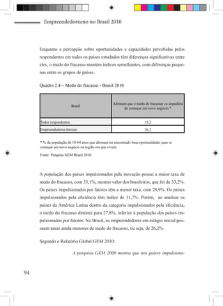 Empreendedorismo no Brasil 2010



     Enquanto a percepção sobre oportunidades e capacidades percebidas pelos
     respondentes em todos os países estudados têm diferenças significativas entre
     eles, o medo do fracasso mantém índices semelhantes, com diferenças peque-
     nas entre os grupos de países.

     Quadro 2.4 – Medo do fracasso - Brasil 2010


                                                   Afirmam que o medo de fracassar os impediria
                          Brasil
                                                         de começar um novo negócio.*


     Todos respondentes                                                33,2
     Empreendedores Iniciais                                           26,2


     * % da população de 18-64 anos que afirmam ter encontrado boas oportunidades para se
     começar um novo negócio na região em que vivem.

     Fonte: Pesquisa GEM Brasil 2010




     A população dos países impulsionados pela inovação possui a maior taxa de
     medo do fracasso, com 33,1%, mesmo valor dos brasileiros, que foi de 33,2%.
     Os países impulsionados por fatores têm a menor taxa, com 28,9%. Os países
     impulsionados pela eficiência têm índice de 31,7%. Porém, ao analisar os
     países da América Latina dentro da categoria impulsionados pela eficiência,
     o medo do fracasso diminui para 27,8%, inferior à população dos países im-
     pulsionados por fatores. No Brasil, os empreendedores em estágio inicial pos-
     suem taxas ainda menores de medo do fracasso, ou seja, de 26,2%.

     Segundo o Relatório Global GEM 2010:

                          A pesquisa GEM 2009 mostra que nos países impulsiona-



94
 