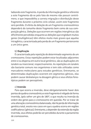 110
ladeando este fragmento. A perda da informação genética referente
a este fragmento dá-se pelo fato do mesmo não possuir centrô-
mero, o que impossibilita a correta migração e distribuição deste
fragmento durante o próximo ciclo celular, assim este fragmento
será perdido. O efeito da deleção de um fragmento cromossômico
dependerá do tamanho deste fragmento bem como de sua com-
posição gênica. Deleções que ocorrem em regiões intergênicas são
dificilmente percebidas enquanto as deleções que englobam muitos
genes (multigênicas) têm efeitos muito mais graves que aquelas
intragênica, caracterizada pela perda de um fragmento pertencente
a um único gene.
b) Duplicação
É caracterizada pela repetição de determinado segmento de um
cromossomo. Estas repetições podem estar localizadas adjacentes
entre si ou dispersa em outro local genômico, são as duplicações em
tandem ou insercional, respectivamente. As repetições em tandem
são bastante comuns nos organismos e tem sido utilizadas como
marcadores moleculares para estudos genéticos. Entretanto, se
determinadas duplicações ocorrem em segmentos gênicos, elas
podem causar desbalanços na dosagem gênica e seus efeitos feno-
típicos podem ser perceptíveis.
c) Inversão
Para que ocorra a inversão, deve obrigatoriamente haver dois
pontos de quebra cromossômica e este fragmento é religado de forma
invertida, ápós sofrer um giro de 180º, o que resulta na inversão da
ordem dos genes para o cromossomo em questão. Por se tratar de
uma alteração cromossômica balanceada, não há perda de informação
genética total, exceto nos casos em que a quebra ocorra em regiões
codificadoras (gênicas). Entretanto, a depender da extensão da região
invertida, seus efeitos poderão ser percebidos durante o pareamento
de cromossomos.
 