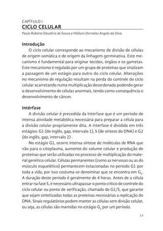 13
CAPÍTULO I
CICLO CELULAR
Paulo Roberto Eleutério de Souza e Hildson Dornelas Angelo da Silva
Introdução
O ciclo celular corresponde ao mecanismo de divisão de células
de origem somática e de origem da linhagem germinativa. Este me-
canismo é fundamental para originar tecidos, órgãos e os gametas.
Este mecanismo é regulado por um grupo de proteínas que sinalizam
a passagem de um estágio para outro do ciclo celular. Alterações
no mecanismo de regulação resultam na perda do controle do ciclo
celular acarretando numa multiplicação desordenada podendo gerar
o desenvolvimento de células anormais, tendo como consequência o
desenvolvimento de câncer.
Intérfase
A divisão celular é precedida da Interfase que é um período de
intensa atividade metabólica necessária para preparar a célula para
a divisão celular propriamente dita. A interfase é dividida em três
estágios: G1 (do inglês, gap, intervalo 1), S (de síntese do DNA) e G2
(do inglês, gap, intervalo 2) .
No estágio G1, ocorre intensa síntese de moléculas de RNA que
vão para o citoplasma, aumento do volume celular e produção de
proteínas que serão utilizadas no processo de multiplicação do mate-
rial genético celular. Células permanentes (como as nervosas ou as do
músculo esquelético) permanecem estacionadas no período G1 por
toda a vida, por isso costuma-se denominar que se encontra em G0
.
A duração deste período é geralmente de 4 horas. Antes de a célula
entrar na fase S, é necessário ultrapassar o ponto crítico de controle do
ciclo celular ou ponto de verificação, chamado de G1/S, que garante
que sejam sintetizadas todas as proteínas necessárias a replicação do
DNA. Sinais regulatórios podem manter as células sem divisão celular,
ou seja, as células são mantidas no estágio G0
por um período.
 