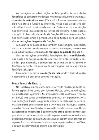 156
As mutações de substituição também podem ter um efeito
fenotípico se causarem mudanças no aminoácido, sendo chamadas
de mutações não silenciosas (Tabela 1). Ás vezes o novo aminoá-
cido não afeta a função da proteína, nesse caso a substituição
não silenciosa é considerada neutra. Outras vezes a mutação
não silenciosa leva a perda da função da proteína, nesse caso a
mutação é chamada de perda de função. Há também mutações
não silenciosas onde é gerada uma nova função para um gene,
são as mutações de ganho de função.
A mudança de nucleotídeo também pode originar um códon
de parada antes do observado na forma selvagem, nesse caso
essa substituição é chamada de mutação de parada (Figura 5).
Outras mutações com efeito fenotípico são as condicionais,
nas quais o fenótipo mutante aparece em determinadas con-
dições, por exemplo, a temperaturas acima de 28°C ocorre o
fenótipo mutante, mas abaixo dessa temperatura se expressa o
fenótipo selvagem.
Finalmente, temos as mutações letais, onde o indivíduo não
nasce devido à presença de uma mutação.
Mecanismos de Reparo
Nosso DNA está constantemente sofrendo mudanças, tanto de
forma espontânea como por agentes físicos, como as radiações,
ou substâncias químicas. Mesmo assim, esta molécula é muito
estável, já que conta com sistemas que reparam a grande maioria
das mutações. Existe um grande número de sistemas de reparo,
mas a maioria deles requer que o DNA seja de fita dupla. Assim,
uma das fitas será utilizada como molde para fazer o reparo. Outra
característica importante é que o mesmo erro pode ser consertado
por várias vias de mecanismos de reparo, mostrando assim sua
eficiência. Poucas são as mutações que escapam dos sistemas de
reparo. Existem vários mecanismos que reparam danos no DNA,
a seguir descreveremos alguns dos principais.
 