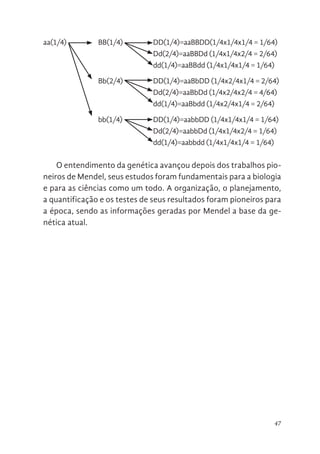 47
aa(1/4)		 BB(1/4)		 DD(1/4)=aaBBDD(1/4x1/4x1/4 = 1/64)
				Dd(2/4)=aaBBDd (1/4x1/4x2/4 = 2/64)
				dd(1/4)=aaBBdd (1/4x1/4x1/4 = 1/64)
		 Bb(2/4)		 DD(1/4)=aaBbDD (1/4x2/4x1/4 = 2/64)
				Dd(2/4)=aaBbDd (1/4x2/4x2/4 = 4/64)
				dd(1/4)=aaBbdd (1/4x2/4x1/4 = 2/64)
		 bb(1/4)		 DD(1/4)=aabbDD (1/4x1/4x1/4 = 1/64)
				Dd(2/4)=aabbDd (1/4x1/4x2/4 = 1/64)
				dd(1/4)=aabbdd (1/4x1/4x1/4 = 1/64)
O entendimento da genética avançou depois dos trabalhos pio-
neiros de Mendel, seus estudos foram fundamentais para a biologia
e para as ciências como um todo. A organização, o planejamento,
a quantificação e os testes de seus resultados foram pioneiros para
a época, sendo as informações geradas por Mendel a base da ge-
nética atual.
 
