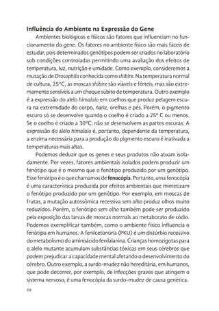 58
Influência do Ambiente na Expressão do Gene
Ambientes biológicos e físicos são fatores que influenciam no fun-
cionamento do gene. Os fatores no ambiente físico são mais fáceis de
estudar,poisdeterminadosgenótipospodemsercriadosnolaboratório
sob condições controladas permitindo uma avaliação dos efeitos de
temperatura, luz, nutrição e umidade. Como exemplo, consideremos a
mutaçãodeDrosophilaconhecidacomoshibire.Natemperaturanormal
de cultura, 25°C, as moscas shibire são viáveis e férteis, mas são extre-
mamentesensíveisaumchoquesúbitodetemperatura.Outroexemplo
é a expressão do alelo himalaio em coelhos que produz pelagem escu-
ra na extremidade do corpo, nariz, orelhas e pés. Porém, o pigmento
escuro só se desenvolve quando o coelho é criado a 25º C ou menos.
Se o coelho é criado a 30ºC, não se desenvolvem as partes escuras. A
expressão do alelo himalaio é, portanto, dependente da temperatura,
a enzima necessária para a produção do pigmento escuro é inativada a
temperaturas mais altas.
Podemos deduzir que os genes e seus produtos não atuam isola-
damente. Por vezes, fatores ambientais isolados podem produzir um
fenótipo que é o mesmo que o fenótipo produzido por um genótipo.
Essefenótipoéoquechamamosdefenocópia.Portanto,umafenocópia
é uma característica produzida por efeitos ambientais que mimetizam
o fenótipo produzido por um genótipo. Por exemplo, em moscas de
frutas, a mutação autossômica recessiva sem olho produz olhos muito
reduzidos. Porém, o fenótipo sem olho também pode ser produzido
pela exposição das larvas de moscas normais ao metaborato de sódio.
Podemos exemplificar também, como o ambiente físico influencia o
fenótipo em humanos. A fenilcetonúria (PKU) é um distúrbio recessivo
dometabolismodoaminoácidofenilalanina.Criançashomozigotaspara
o alelo mutante acumulam substâncias tóxicas em seus cérebros que
podem prejudicar a capacidade mental afetando o desenvolvimento do
cérebro. Outro exemplo, a surdo-mudez não hereditária, em humanos,
que pode decorrer, por exemplo, de infecções graves que atingem o
sistema nervoso, é uma fenocópia da surdo-mudez de causa genética.
 