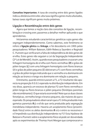 83
Conceitos Importantes: A taxa de crossing entre dois genes ligados
indica a distância entre eles: alta taxa significa genes muito afastados,
baixas taxas significam genes muito próximos.
Ligação e Recombinação entre dois genes
Agora que temos a noção clara dos conceitos de ligação, recom-
binação e crossing over, passemos a detalhar melhor aplicando o que
aprendemos.
Iniciaremos estudando características genéticas cujos genes não
segregam independentemente. Como sabemos, este fenômeno se
refere à ligação gênica ou linkage, e foi descoberto em 1905 pelos
pesquisadores: William Bateson, Edith Rebecca Saunders e Reginald
C. Punnett que verificaram a falta de independência de dois genes de
ervilha. Estes genes não seguiam a Lei da Segregação Independente
(2ª Lei de Mendel). Assim, quando esses pesquisadores cruzaram uma
linhagem homozigota de ervilha com flores vermelhas (R) e grãos de
pólen longos (L) com uma linhagem homozigota com flores brancas
(r) e grãos de pólen pequeno (l) obtiveram a F1 com flores vermelhas
e grãos de pólen longos indicando que o vermelho era dominante em
relação ao branco e longo era dominante em relação a pequeno.
Entretanto, quando entrecruzaram a F1, a F2 resultante não apa-
recia na proporção 9:3:3:1 esperada na distribuição independente. Em
vez disso, aparecia um excesso de plantas F2 com flores vermelhas e
pólen longo ou flores brancas e pólen pequeno (fenótipos parentais
não recombinantes). O que estaria ocorrendo? Note que as duas classes
fenotípicas, vermelho longo e branco pequeno, são maiores do que o
esperado. Os pesquisadores observaram que a F1 tinha produzido mais
gametas parentais R.L e r.l do que seria produzido pela segregação
mendeliana independente. Haveria um acoplamento físico (proximi-
dade física) entre os alelos dominantes R e L e entre os recessivos r
e l impedindo sua distribuição independente na F1? Esta hipótese de
Bateson e Punnett sobre o acoplamento físico só pode ser desvendada
após os experimentos de Thomas Hunt Morgan que comprovaram o
 