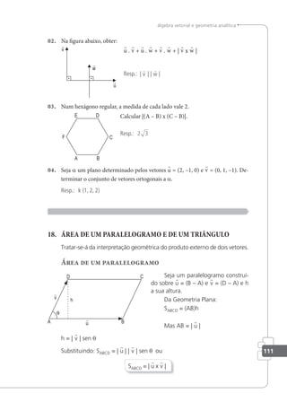 111
álgebra vetorial e geometria analítica
02. Na igura abaixo, obter:
u . v + u . w + v . w + | v x w |
Resp.: | v | | w |
03. Num hexágono regular, a medida de cada lado vale 2.
Calcular |(A – B) x (C – B)|.
Resp.: 2 3
04. Seja a um plano determinado pelos vetores u = (2, –1, 0) e v = (0, 1, –1). De-
terminar o conjunto de vetores ortogonais a a.
Resp.: k (1, 2, 2)
18. ÁREA DE UM PARALELOGRAMO E DE UM TRIÂNGULO
Tratar-se-á da interpretação geométrica do produto externo de dois vetores.
Área de um paralelogramo
Seja um paralelogramo construí-
do sobre u = (B – A) e v = (D – A) e h
a sua altura.
Da Geometria Plana:
SABCD = (AB)h
Mas AB = | u |
h = | v | sen θ
Substituindo: SABCD = | u | | v | sen θ ou
SABCD = | u x v |
 
