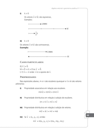 69
álgebra vetorial e geometria analítica
I) k > 0
Os vetores v e kv são equiversos.
Exemplos:
u

1
u
2

3u

II) k < 0
Os vetores v e kv são contraversos.
Exemplo:
u

2u
−

Casos particulares:
0( v ) = 0.
kv = 0 ⇒ k = 0 ou v = 0.
(–1) v = –v onde –v é o oposto de v.
Propriedades
Nas expressões abaixo, m e n são escalares quaisquer e v e w são vetores
arbitrários:
I) Propriedade associativa em relação aos escalares.
m(nv) = n(mv) = (mn) v
II) Propriedade distributiva em relação à adição de escalares.
(m + n) v = mv + nv
III) Propriedade distributiva em relação à adição de vetores.
m(v + w ) = mv + mw
IV) Se v = (x1, y1, z1), então:
mv = m(x1, y1, z1) = (mx1, my1, mz1)
 