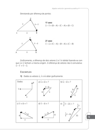 73
álgebra vetorial e geometria analítica
Denotando por diferença de pontos:
1.
º caso:
u – v = (B – A) – (C – A) = (B – C)
2.
º caso:
v – u = (C – A) – (B – A) = (C – B)
Graicamente, a diferença de dois vetores u e v é obtida fazendo-se com
que u e v tenham a mesma origem. A diferença de vetores não é comutativa:
u – v ≠ v – u.
Exemplos
1) Dados os vetores u, v e w obter graicamente:
Dados a) u + w = ? b) u – w = ?
e)
1
2
2
 
v u
− = ?
d) v – w = ?
c) v + w = ?
 