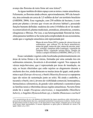 avanço das florestas de terra firme até seus leitos)36.
      As águas também dividem espaço com as terras e matas amazônicas.
Felizmente, as florestas ainda cobrem, aproximadamente, 90% da Amazô-
nia, área estimada em cerca de 3,5 milhões de km² em território brasileiro
(JARDIM, 2004). Essa vegetação, com 250 milhões de hectares, é com-
posta por plantas e árvores que vivem em diversos habitat’s, possuindo
funções bastante definidas: madeiras de corte (14 bilhões de m³ de madei-
ra comercializável), plantas medicinais, aromáticas, alimentícias, corantes,
oleaginosas e fibrosas. Por isso, a sua heterogeneidade florestal da Ama-
zônia paraense também se faz notar pela complexidade do seu ecossistema,
sendo que a vegetação amazônica está representada por:
                                  Matas de terra firme (98%), matas de várzea (ricas em
                                  sedimentos, que cobrem 2% da bacia amazônica),
                                  matas de igapó, matas de cipó, matas de encosta, man-
                                  gue, restinga, campinas altas (caatinga), vegetação de
                                  campina baixa, vegetação serrana baixa, campos de
                                  várzea e campos litorâneos (JARDIM, 2004: p.12-13).
      Essas variedades vegetais estão localizadas predominantemente em
áreas de terras firmes e de várzea, formadas por uma camada rica em
sedimentos minerais, favoráveis à diversidade vegetal. Nos espaços de
várzea moju-brevense, que é representada por áreas de inundação, ou
seja, os locais ribeirinhos que estão sujeitos ao alagamento durante a
enchente dos rios, ainda destacam-se muitas áreas de igapó, onde predo-
mina o açaí (Euterpe oleracea), o buriti (Mauritia flexuosa) e a sapopema
(que são raízes de sustentação junto ao solo). Há ainda a andiróba, o
tucumã e o buriti, isto é, árvores de visibilidade comercial, homeopática,
farmacêutica e alimentícia, de grande valor ambiental e sustentável para
as famílias rurais e ribeirinhas dessas regiões amazônicas. Na terra firme
ainda há o acapú (Vocapoua americana), o maçaranduba (Manilkara
huberi), o Angelim (Hymenolobium sp), o Jatobá (Humenaea courbaril

36
   As características da cor e da dinâmica de deposição das águas amazônicas estão relacionadas ao
processo de envelhecimento dos rios, e permitem reconstituir o seu processo evolutivo. Assim, os rios
de água branca seriam os mais jovens e os de água preta os mais antigos, enquanto que os rios de água
clara teriam idade intermediária. O mesmo argumento se aplica para os ambientes de várzea e de
igapó. (Idem s.d. p: 261)

                                               138
 