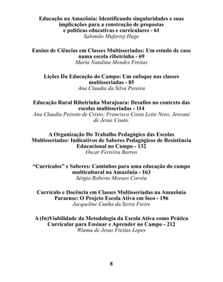 Educação na Amazônia: Identificando singularidades e suas
          implicações para a construção de propostas
            e políticas educativas e curriculares - 61
                      Salomão Mufarrej Hage

Ensino de Ciências em Classes Multisseriadas: Um estudo de caso
                  numa escola ribeirinha - 69
                 Maria Natalina Mendes Freitas

    Lições Da Educação do Campo: Um enfoque nas classes
                     multisseriadas - 85
                 Ana Claudia da Silva Pereira

Educação Rural Ribeirinha Marajoara: Desafios no contexto das
                  escolas multisseriadas - 114
Ana Claudia Peixoto de Cristo; Francisco Costa Leite Neto; Jeovani
                        de Jesus Couto.

       A Organização Do Trabalho Pedagógico das Escolas
Multisseriadas: Indicativos de Saberes Pedagógicos de Resistência
                  Educacional no Campo - 132
                      Oscar Ferreira Barros

“Currículos” e Saberes: Caminhos para uma educação do campo
                multicultural na Amazônia - 163
                 Sérgio Roberto Moraes Corrêa

  Currículo e Docência em Classes Multisseriadas na Amazônia
        Paraense: O Projeto Escola Ativa em foco - 196
                Jacqueline Cunha da Serra Freire

 A (In)Viabilidade da Metodologia da Escola Ativa como Prática
      Curricular para Ensinar e Aprender no Campo - 212
                  Wiama de Jesus Freitas Lopes




                                8
 