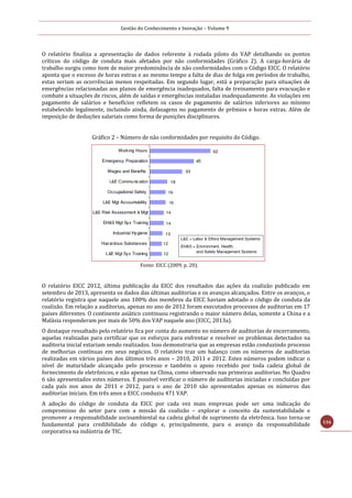 Gestão do Conhecimento e Inovação – Volume 9
116
O relatório finaliza a apresentação de dados referente à rodada piloto do VAP detalhando os pontos
críticos do código de conduta mais afetados por não conformidades (Gráfico 2). A carga-horária de
trabalho surgiu como item de maior predominância de não conformidades com o Código EICC. O relatório
aponta que o excesso de horas extras e ao mesmo tempo a falta de dias de folga em períodos de trabalho,
estas seriam as ocorrências menos respeitadas. Em segundo lugar, está a preparação para situações de
emergências relacionadas aos planos de emergência inadequados, falta de treinamento para evacuação e
combate a situações de riscos, além de saídas e emergências instaladas inadequadamente. As violações em
pagamento de salários e benefícios refletem os casos de pagamento de salários inferiores ao mínimo
estabelecido legalmente, incluindo ainda, defasagens no pagamento de prêmios e horas extras. Além de
imposição de deduções salariais como forma de punições disciplinares.
Gráfico 2 – Número de não conformidades por requisito do Código.
Fonte: EICC (2009, p. 20).
O relatório EICC 2012, última publicação da EICC dos resultados das ações da coalizão publicado em
setembro de 2013, apresenta os dados das últimas auditorias e os avanços alcançados. Entre os avanços, o
relatório registra que naquele ano 100% dos membros da EICC haviam adotado o código de conduta da
coalizão. Em relação a auditorias, apenas no ano de 2012 foram executados processos de auditorias em 17
países diferentes. O continente asiático continuou registrando o maior número delas, somente a China e a
Malásia responderam por mais de 50% dos VAP naquele ano (EICC, 2013a).
O destaque ressaltado pelo relatório fica por conta do aumento no número de auditorias de encerramento,
aquelas realizadas para certificar que os esforços para enfrentar e resolver os problemas detectados na
auditoria inicial estariam sendo realizados. Isso demonstraria que as empresas estão conduzindo processo
de melhorias contínuas em seus negócios. O relatório traz um balanço com os números de auditorias
realizadas em vários países dos últimos três anos – 2010, 2011 e 2012. Estes números podem indicar o
nível de maturidade alcançado pelo processo e também o apoio recebido por toda cadeia global de
fornecimento de eletrônicos, e não apenas na China, como observado nas primeiras auditorias. No Quadro
6 são apresentados estes números. É possível verificar o número de auditorias iniciadas e concluídas por
cada país nos anos de 2011 e 2012, para o ano de 2010 são apresentados apenas os números das
auditorias iniciais. Em três anos a EICC conduziu 471 VAP.
A adoção do código de conduta da EICC por cada vez mais empresas pode ser uma indicação do
compromisso do setor para com a missão da coalizão – explorar o conceito da sustentabilidade e
promover a responsabilidade socioambiental na cadeia global de suprimento da eletrônica. Isso torna-se
fundamental para credibilidade do código e, principalmente, para o avanço da responsabilidade
corporativa na indústria de TIC.
 