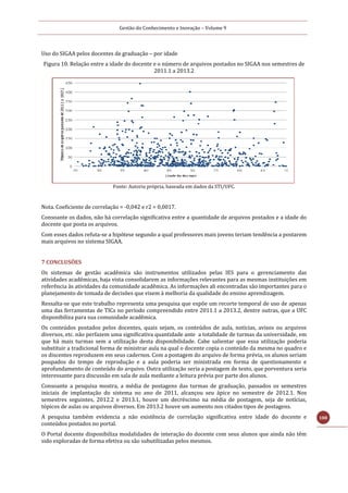Gestão do Conhecimento e Inovação – Volume 9
188
Uso do SIGAA pelos docentes de graduação – por idade
Figura 10. Relação entre a idade do docente e o número de arquivos postados no SIGAA nos semestres de
2011.1 a 2013.2
Fonte: Autoria própria, baseada em dados da STI/UFC.
Nota. Coeficiente de correlação = -0,042 e r2 = 0,0017.
Consoante os dados, não há correlação significativa entre a quantidade de arquivos postados e a idade do
docente que posta os arquivos.
Com esses dados refuta-se a hipótese segundo a qual professores mais jovens teriam tendência a postarem
mais arquivos no sistema SIGAA.
7 CONCLUSÕES
Os sistemas de gestão acadêmica são instrumentos utilizados pelas IES para o gerenciamento das
atividades acadêmicas, haja vista consolidarem as informações relevantes para as mesmas instituições em
referência às atividades da comunidade acadêmica. As informações ali encontradas são importantes para o
planejamento de tomada de decisões que visem à melhoria da qualidade do ensino aprendizagem.
Ressalta-se que este trabalho representa uma pesquisa que expõe um recorte temporal de uso de apenas
uma das ferramentas de TICs no período compreendido entre 2011.1 a 2013.2, dentre outras, que a UFC
disponibiliza para sua comunidade acadêmica.
Os conteúdos postados pelos docentes, quais sejam, os conteúdos de aula, notícias, avisos ou arquivos
diversos, etc. não perfazem uma significativa quantidade ante a totalidade de turmas da universidade, em
que há mais turmas sem a utilização desta disponibilidade. Cabe salientar que essa utilização poderia
substituir a tradicional forma de ministrar aula na qual o docente copia o conteúdo da mesma no quadro e
os discentes reproduzem em seus cadernos. Com a postagem do arquivo de forma prévia, os alunos seriam
poupados do tempo de reprodução e a aula poderia ser ministrada em forma de questionamento e
aprofundamento de conteúdo do arquivo. Outra utilização seria a postagem de texto, que porventura seria
interessante para discussão em sala de aula mediante a leitura prévia por parte dos alunos.
Consoante a pesquisa mostra, a média de postagens das turmas de graduação, passados os semestres
iniciais de implantação do sistema no ano de 2011, alcançou seu ápice no semestre de 2012.1. Nos
semestres seguintes, 2012.2 e 2013.1, houve um decréscimo na média de postagem, seja de notícias,
tópicos de aulas ou arquivos diversos. Em 2013.2 houve um aumento nos citados tipos de postagens.
A pesquisa também evidencia a não existência de correlação significativa entre idade do docente e
conteúdos postados no portal.
O Portal docente disponibiliza modalidades de interação do docente com seus alunos que ainda não têm
sido exploradas de forma efetiva ou são subutilizadas pelos mesmos.
 