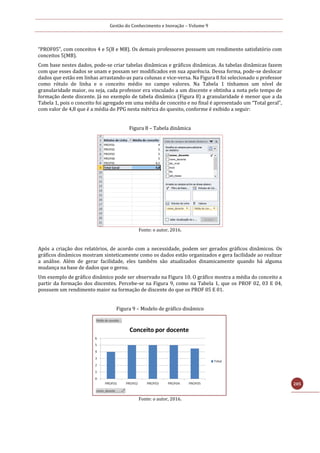 Gestão do Conhecimento e Inovação – Volume 9
205
“PROF05”, com conceitos 4 e 5(B e MB). Os demais professores possuem um rendimento satisfatório com
conceitos 5(MB).
Com base nestes dados, pode-se criar tabelas dinâmicas e gráficos dinâmicas. As tabelas dinâmicas fazem
com que esses dados se unam e possam ser modificados em sua aparência. Dessa forma, pode-se deslocar
dados que estão em linhas arrastando-as para colunas e vice-versa. Na Figura 8 foi selecionado o professor
como rótulo de linha e o conceito médio no campo valores. Na Tabela 1 tínhamos um nível de
granularidade maior, ou seja, cada professor era vinculado a um discente e obtinha a nota pelo tempo de
formação deste discente. Já no exemplo de tabela dinâmica (Figura 8) a granularidade é menor que a da
Tabela 1, pois o conceito foi agregado em uma média de conceito e no final é apresentado um “Total geral”,
com valor de 4,8 que é a média do PPG nesta métrica do quesito, conforme é exibido a seguir:
Figura 8 – Tabela dinâmica
Fonte: o autor, 2016.
Após a criação dos relatórios, de acordo com a necessidade, podem ser gerados gráficos dinâmicos. Os
gráficos dinâmicos mostram sinteticamente como os dados estão organizados e gera facilidade ao realizar
a análise. Além de gerar facilidade, eles também são atualizados dinamicamente quando há alguma
mudança na base de dados que o gerou.
Um exemplo de gráfico dinâmico pode ser observado na Figura 10. O gráfico mostra a média do conceito a
partir da formação dos discentes. Percebe-se na Figura 9, como na Tabela 1, que os PROF 02, 03 E 04,
possuem um rendimento maior na formação de discente do que os PROF 05 E 01.
Figura 9 – Modelo de gráfico dinâmico
Fonte: o autor, 2016.
 