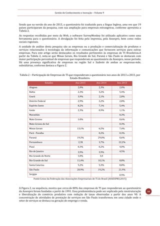 Gestão do Conhecimento e Inovação – Volume 9
44
Sendo que na versão do ano de 2013, o questionário foi traduzido para a língua Inglesa, uma vez que 19
países participaram da pesquisa, com sua ampliação para empresas estrangeiras, conforme apresenta a
Tabela 2.
As respostas recolhidas por meio da Web, o software SurveyMonkey foi utilizado aplicativo como uma
ferramenta para o questionário. A divulgação foi feita pela imprensa, pela Assespro, bem como redes
sociais regionais.
A unidade de análise desta pesquisa são as empresas ou a produção e comercialização de produtos e
serviços relacionados à tecnologia da informação e comunicações que fornecem serviços para outras
empresas. Para este artigo serão destacados os resultados pertinentes às empresas de TI Brasileiras.A
partir da Tabela 2, nota-se que Minas Gerais, Rio Grande do Sul, Paraná e São Paulo se destacam com
maior participação percentual de empresas que responderam ao questionário da Assespro, nesse período.
Há uma presença significativa de empresas na região Sul e Sudeste de ambas as empresas-mãe,
subsidiárias, conforme destaca a Figura 2.
Tabela 2 – Participação de Empresas de TI que responderam o questionário nos anos de 2013 a 2015, por
Estado Brasileiro.
Estados Ano 2015 Ano 2014 Ano 2013
Alagoas 2,0% 2,3% 2,0%
Bahia 2,3% 3,2% 5,4%
Ceará 3,9% 2,1% 2,8%
Distrito Federal 2,9% 3,2% 2,8%
Espírito Santo 8,2% 7,1% 5,4%
Goiás 2,3% 0,9% 1,1%
Maranhão 0,3%
Mato Grosso 1.0% 0,6%
Mato Grosso do Sul 0,3%
Minas Gerais 13,1% 6,5% 7,4%
Pará - Paraíba 0,2% 0,3%
Paraná 19,3% 29,0% 0,6%
Pernambuco 2,3$ 3,7% 22,2%
Piauí 0,3% 0,2% 4,0%
Rio de Janeiro 3,9% 3,9% 4,5%
Rio Grande do Norte 1,0% 3,0
Rio Grande do Sul 11,4% 10,1% 8,8%
Santa Catarina 5,2% 5,3% 8,8%
São Paulo 20,9% 19,2% 21,9%
Sergipe 0,9%
Fonte:Censo da Federação das Associações Empresariais de TI do Brasil (ASSESPRO,2015)
A Figura 2, na sequência, mostra que cerca de 80% das empresas de TI que responderam ao questionário
da Assespro foram fundadas a partir de 1991. Essa predominância pode ser explicada pela reestruturação
e liberalização do comércio produtivo com redução de taxas observadas a partir dos anos 90. A
concentração de atividades de prestação de serviços em São Paulo transformou em uma cidade onde o
setor de serviços se destaca na geração de emprego e renda.
 