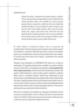 19
TÓPICOS
DE
GRAMÁTICA
PARA
A
REDAÇÃO
DO
ENEM
EXEMPLO 02:
Diante do exposto, a pandemia não apenas afetou, os pobres.
Porém,elaaumentouasdesigualdadessociaisnoBrasildeixou
muitas famílias pobres sem trabalho fez muitos pessoas
passarem fome e aumentou o sofrimento dos mais explorados
cidadãos brasileiros. Com que dinheiro o pobre comprou o que
precisa comer? Arroz, feijão, farinha, café e carne já estavam
muito caros. Agora, estão muito mais. Há jovens nas ruas
pedindo ajuda e alguém pode dizer assim: jovem vá trabalhar.
Deveria dizer: jovem vou lhe dar um emprego. O Brasil, maior
paísdaAméricaLatina,precisacuidardessesjovens.
O verbo afetou é transitivo direto, isto é, necessita de
complemento. Há uma pergunta que comprova isso: afetou quem?
E a resposta é: os pobres. Notemos que entre o verbo e o seu objeto
direto, seu complemento, foi posta equivocadamente uma vírgula.
O correto seria não inserir essa vírgula: a pandemia não apenas
afetou os pobres.
Vejamos outro problema no EXEMPLO 02; desta vez, a falta de
pontuação. O segundo período desse exemplo traz quatro orações
em que se fala sobre a consequência da pandemia; uma sequência de
fatos requer pontuação, mas isso não foi realizado pelo escritor. Há
quatro verbos (portanto, como já dito, quatro orações) e nenhum
deles, entre si, constitui locução verbal (essa observação é para
descartarmosapossibilidadedequealguémnãotenhaseimportado
em inserir vírgulas porque ali foi escrita apenas uma oração; não é o
caso em tela); todavia, apenas a última oração está adequadamente
separada das demais com o uso da conjunção aditiva e: e aumentou o
sofrimentodosmaisexploradoscidadãosbrasileiros.
São estas as orações do exemplo que estamos analisando: (1) ela
aumentou as desigualdades sociais no Brasil, (2) deixou muitas famílias
pobres sem trabalho, (3) fez muitos pessoas passarem fome e (4) aumentou
osofrimentodosmaisexploradoscidadãosbrasileiros.
 