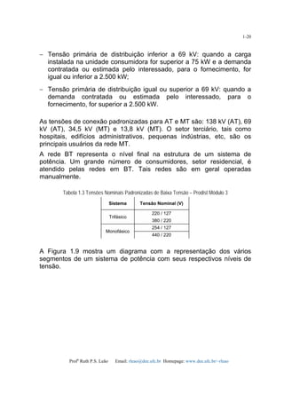 Profa
Ruth P.S. Leão Email: rleao@dee.ufc.br Homepage: www.dee.ufc.br/~rleao
1-20
− Tensão primária de distribuição inferior a 69 kV: quando a carga
instalada na unidade consumidora for superior a 75 kW e a demanda
contratada ou estimada pelo interessado, para o fornecimento, for
igual ou inferior a 2.500 kW;
− Tensão primária de distribuição igual ou superior a 69 kV: quando a
demanda contratada ou estimada pelo interessado, para o
fornecimento, for superior a 2.500 kW.
As tensões de conexão padronizadas para AT e MT são: 138 kV (AT), 69
kV (AT), 34,5 kV (MT) e 13,8 kV (MT). O setor terciário, tais como
hospitais, edifícios administrativos, pequenas indústrias, etc, são os
principais usuários da rede MT.
A rede BT representa o nível final na estrutura de um sistema de
potência. Um grande número de consumidores, setor residencial, é
atendido pelas redes em BT. Tais redes são em geral operadas
manualmente.
Tabela 1.3 Tensões Nominais Padronizadas de Baixa Tensão – Prodist Módulo 3
A Figura 1.9 mostra um diagrama com a representação dos vários
segmentos de um sistema de potência com seus respectivos níveis de
tensão.
 