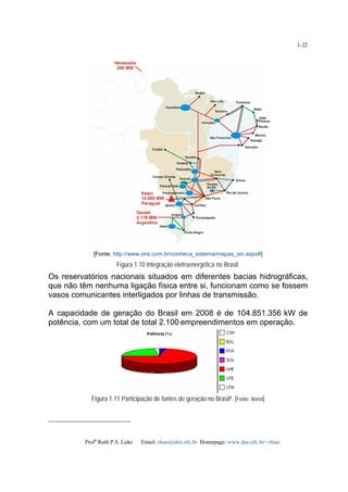 Profa
Ruth P.S. Leão Email: rleao@dee.ufc.br Homepage: www.dee.ufc.br/~rleao
1-22
[Fonte: http://www.ons.com.br/conheca_sistema/mapas_sin.aspx#]
Figura 1.10 Integração eletroenergética no Brasil.
Os reservatórios nacionais situados em diferentes bacias hidrográficas,
que não têm nenhuma ligação física entre si, funcionam como se fossem
vasos comunicantes interligados por linhas de transmissão.
A capacidade de geração do Brasil em 2008 é de 104.851.356 kW de
potência, com um total de total 2.100 empreendimentos em operação.
Figura 1.11 Participação de fontes de geração no Brasil4. [Fonte: Annel]
 