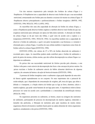 33


        Um dos maiores responsáveis pela remoção dos fosfatos da coluna d’água é o
fitoplâncton. O fitoplâncton tem a capacidade de absorver mais fosfato do que a sua necessidade
nutricional, armazenando este fosfato para uso durante a escassez do mesmo na coluna d’água. O
fitoplâncton absorve principalmente e preferencialmente o fosfato inorgânico. (BOYD, 1982,
ESTEVES, 1998, WELCH, 1992 e LAWS, 1992).
        As macrófitas têm uma alta capacidade de absorção de fosfato da coluna d’água, e
como o fitoplâncton pode absorver fosfato orgânico e também absorver mais fosfato do que sua
exigência nutricional para utilização em época de falta deste nutriente. A absorção do fosfato
da coluna d’água se dá por meio das folhas, o qual varia de acordo com a espécie e a
temperatura (ESTEVES, 1998 e WELCH, 1992). As macrófitas também tem a capacidade de
absorver o fosfato do sedimento, o qual é em parte incorporado a sua biomassa e o restante é
eliminado para a coluna d’água. A autólise de suas células também é importante como fonte de
fosfato solúvel a coluna d’água (ESTEVES, 1998).
        ESTEVES (1998), cita valores de 27 a 58% do fosfato absorvido do sedimento é
excretado para a água. As macrófitas podem ainda contribuir para o fosfato do sedimento a
partir de partes da mesma, células mortas, que não sofrem decomposição na coluna d’água e se
depositam no sedimento.
        Os peixes têm sua necessidade nutricional de fósforo provida pelo alimento, e este
fósforo volta para o meio através da decomposição das fezes e das carcaças de peixes mortos. Os
peixes reciclam o fosfato do sedimento através do hábito alimentar detritívoro de algumas
espécies, do consumo de bentos e da ação de biorrevolvimento (ESTEVES, 1998).
        A permuta de fosfato inorgânico entre o sedimento e água pode depender de uma série
de fatores agindo separadamente ou em conjunto. Os mais importantes são o potencial de
oxido-redução, que é dependente da concentração de oxigênio, pH, troca de água, que afeta a
difusão e o transporte, e a fração relativa de fosfato que se liga ao ferro, alumínio, cálcio e
matéria orgânica, que pode variar bastante de um lago para outro. A importância relativa destes
processos irá variar de acordo com a profundidade e a intensidade da estratificação térmica
(WELCH, 1992).
        Os organismos presentes no sedimento, os bentos, atuam na ciclagem dos nutrientes
do sedimento, participando do processo de decomposição da matéria orgânica, reduzindo o
tamanho das partículas, a liberação de nutrientes pela ação mecânica de muitos destes
organismos (biorrevolvimento) e também fazem parte na cadeia alimentar de vários organismos
aquáticos, notadamente a dos peixes (ESTEVES, 1998).
 
