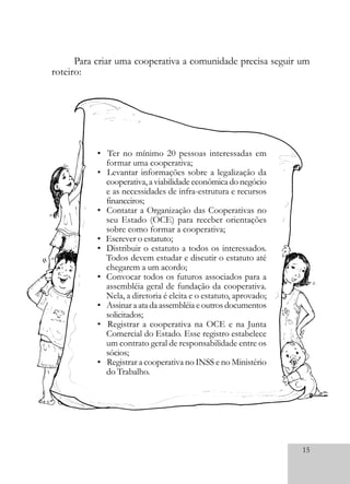 15
• Ter no mínimo 20 pessoas interessadas em
formar uma cooperativa;
• Levantar informações sobre a legalização da
cooperativa, a viabilidade econômica do negócio
e as necessidades de infra-estrutura e recursos
financeiros;
• Contatar a Organização das Cooperativas no
seu Estado (OCE) para receber orientações
sobre como formar a cooperativa;
• Escrever o estatuto;
• Distribuir o estatuto a todos os interessados.
Todos devem estudar e discutir o estatuto até
chegarem a um acordo;
• Convocar todos os futuros associados para a
assembléia geral de fundação da cooperativa.
Nela, a diretoria é eleita e o estatuto, aprovado;
• Assinar a ata da assembléia e outros documentos
solicitados;
• Registrar a cooperativa na OCE e na Junta
Comercial do Estado. Esse registro estabelece
um contrato geral de responsabilidade entre os
sócios;
• Registrar a cooperativa no INSS e no Ministério
do Trabalho.
Para criar uma cooperativa a comunidade precisa seguir um
roteiro:
 