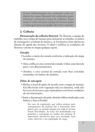31
Estradas
• Localize o início da estrada conforme a indicação do mapa
de manejo;
• Abra a trilha no eixo central da estrada. Utilize uma bússola
para o seu direcionamento;
• Sinalize o eixo central da estrada com fitas coloridas
amarradas em balizas de madeira.
Pátios de estocagem
• Defina o local do pátio de acordo com o mapa de manejo.
Escolha locais com vegetação rala (ou clareiras), onde não
há tocos de árvores e que sejam planos com boas condições
de movimentação;
• Inicie a demarcação do pátio abrindo trilhas sinalizadas com
balizas e fitas coloridas.
No caso da exploração que utiliza animais para
carregamento da madeira não é necessário abrir
pátios, pois os animais chegam até onde as árvores
foram derrubadas. As toras são desdobradas em
pranchas e carregadas no lombo dos animais. É
importante adestrá-los para essa atividade, bem
como observar a sua capacidade de carga.
Essas informações em conjunto com os
dados do censo florestal são utilizadas para
elaborar o primeiro mapa de colheita. Esse
mapa é utilizado pela equipe de demarcação
ecomoguiaparaasequipesdecorteearraste.
2. Colheita
Demarcação da colheita florestal. Na floresta, a equipe de
trabalho usa o mapa de manejo para demarcar as estradas, os pátios
de estocagem e os ramais de arraste e, se for preciso, fazer ajustes na
direção de queda das árvores. O ideal é verificar as condições da
floresta e anotar no mapa qualquer ajuste.
 