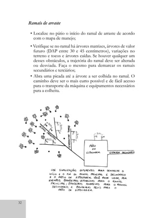 32
Ramais de arraste
• Localize no pátio o início do ramal de arraste de acordo
com o mapa de manejo;
• Verifique se no ramal há árvores matrizes, árvores de valor
futuro (DAP entre 30 e 45 centímetros), variações no
terreno e tocos e árvores caídas. Se houver qualquer um
desses obstáculos, a trajetória do ramal deve ser alterada
ou desviada. Faça o mesmo para demarcar os ramais
secundários e terciários;
• Abra uma picada até a árvore a ser colhida no ramal. O
caminho deve ser o mais curto possível e de fácil acesso
para o transporte da máquina e equipamentos necessários
para a colheita.
 
