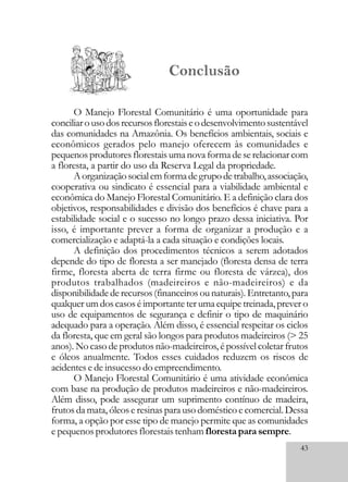 43
O Manejo Florestal Comunitário é uma oportunidade para
conciliarousodosrecursosflorestaiseodesenvolvimentosustentável
das comunidades na Amazônia. Os benefícios ambientais, sociais e
econômicos gerados pelo manejo oferecem às comunidades e
pequenos produtores florestais uma novaforma de se relacionar com
a floresta, a partir do uso da Reserva Legal da propriedade.
Aorganizaçãosocialemformadegrupodetrabalho,associação,
cooperativa ou sindicato é essencial para a viabilidade ambiental e
econômica do Manejo Florestal Comunitário. E a definição clara dos
objetivos, responsabilidades e divisão dos benefícios é chave para a
estabilidade social e o sucesso no longo prazo dessa iniciativa. Por
isso, é importante prever a forma de organizar a produção e a
comercialização e adaptá-la a cada situação e condições locais.
A definição dos procedimentos técnicos a serem adotados
depende do tipo de floresta a ser manejado (floresta densa de terra
firme, floresta aberta de terra firme ou floresta de várzea), dos
produtos trabalhados (madeireiros e não-madeireiros) e da
disponibilidadederecursos(financeirosounaturais). Entretanto,para
qualquer um dos casos é importante ter uma equipe treinada, prever o
uso de equipamentos de segurança e definir o tipo de maquinário
adequado para a operação. Além disso, é essencial respeitar os ciclos
da floresta, que em geral são longos para produtos madeireiros (> 25
anos). No caso de produtos não-madeireiros, é possível coletar frutos
e óleos anualmente. Todos esses cuidados reduzem os riscos de
acidentes e de insucesso do empreendimento.
O Manejo Florestal Comunitário é uma atividade econômica
com base na produção de produtos madeireiros e não-madeireiros.
Além disso, pode assegurar um suprimento contínuo de madeira,
frutos da mata, óleos e resinas para uso doméstico e comercial. Dessa
forma, a opção por esse tipo de manejo permite que as comunidades
e pequenos produtores florestais tenham floresta para sempre.
Conclusão
 