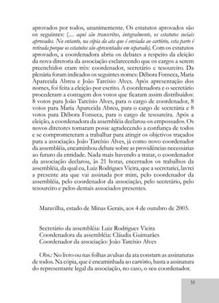 55
aprovados por todos, unanimemente. Os estatutos aprovados são
os seguintes: (.... aqui são transcritos, integralmente, os estatutos sociais
aprovados. No entanto, na cópia da ata que é enviada ao cartório, esta parte é
retirada porque os estatutos são apresentados em separado). Com os estatutos
aprovados, a coordenadora abriu os debates a respeito da eleição
da nova diretoria da associação esclarecendo que os cargos a serem
preenchidos eram três: coordenador, secretário e tesoureiro. Da
plenária foram indicados os seguintes nomes: Débora Fonseca, Maria
Aparecida Abreu e João Tarcísio Alves. Após apresentação dos
nomes, foi feita a eleição por escrito. A coordenadora e o secretário
procederam a contagem dos votos que ficaram assim distribuídos:
8 votos para João Tarcísio Alves, para o cargo de coordenador, 8
votos para Maria Aparecida Abreu, para o cargo de secretária e 8
votos para Débora Fonseca, para o cargo de tesoureira. Após a
eleição, a coordenadora da assembléia declarou-os empossados. Os
novos diretores tomaram posse agradecendo a confiança de todos
e se comprometeram a trabalhar para atingir os objetivos traçados
para a associação. João Tarcísio Alves, já como novo coordenador
da assembléia, encaminhou debate sobre as providências necessárias
ao futuro da entidade. Nada mais havendo a tratar, o coordenador
da associação declarou, às 21 horas, encerrados os trabalhos da
assembléia, da qual eu, Luiz Rodrigues Vieira, que a secretariei, lavrei
a presente ata que vai assinada por mim, pelo coordenador da
assembléia, pelo coordenador da associação, pelo secretário, pelo
tesoureiro e pelos demais associados presentes.
Maravilha, estado de Minas Gerais, aos 4 de outubro de 2003.
Secretário da assembléia: Luiz Rodrigues Vieira
Coordenadora da assembléia: Cláudia Guimarães
Coordenador da associação: João Tarcísio Alves
Obs.: No livro ou nas folhas avulsas da ata constam as assinaturas
de todos. Na cópia, que é encaminhada ao cartório, basta a assinatura
do representante legal da associação, no caso, o seu coordenador.
 
