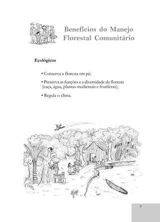 5
• Conserva a floresta em pé;
• Preserva as funções e a diversidade da floresta
(caça, água, plantas medicinais e frutíferas);
• Regula o clima.
Ecológicos
Benefícios do Manejo
Florestal Comunitário
 