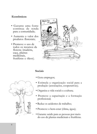6
Econômicos
• Gera empregos;
• Estimula a organização social para a
produção (associações, cooperativas);
• Organiza a vida social e a cultura;
• Promove a capacitação e a formação
profissional;
• Reduz os acidentes de trabalho;
• Promove o bem-estar (clima, água);
• Garante saúde para as pessoas por meio
do uso de plantas medicinais e frutíferas.
Sociais
• Garante uma fonte
contínua de renda
para a comunidade;
• Aumenta o valor dos
produtos florestais;
• Promove o uso de
todos os recursos da
floresta (madeira,
caça, plantas
medicinais,
frutíferas e óleos).
 