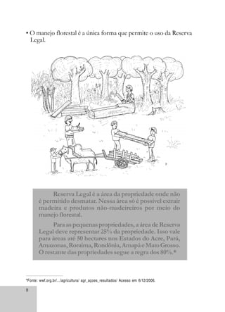 8
*Fonte: wwf.org.br/.../agricultura/ agr_açoes_resultados/ Acesso em 6/12/2006.
• O manejo florestal é a única forma que permite o uso da Reserva
Legal.
Reserva Legal é a área da propriedade onde não
é permitido desmatar. Nessa área só é possível extrair
madeira e produtos não-madeireiros por meio do
manejoflorestal.
Paraaspequenaspropriedades,aáreadeReserva
Legal deve representar 25% da propriedade. Isso vale
para áreas até 50 hectares nos Estados do Acre, Pará,
Amazonas,Roraima,Rondônia,AmapáeMatoGrosso.
O restante das propriedades segue a regra dos 80%.*
 