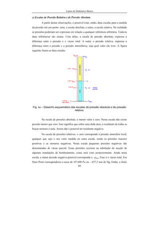 Lições de Hidráulica Básica
89
c) Escalas de Pressão Relativa e de Pressão Absoluta
A partir destas observações, é possível criar, então, duas escalas para a medida
da pressão em um ponto: uma, a escala absoluta, e outra, a escala relativa. Na realidade
as pressões poderiam ser expressas em relação a qualquer referência arbitrária. Todavia
duas referências são usuais. Uma delas, a escala de pressão absoluta, expressa a
diferença entre a pressão e o vácuo total. A outra, a pressão relativa, expressa a
diferença entre a pressão e a pressão atmosférica, seja qual valor ela tiver. A figura
seguinte ilustra as duas escalas.
Fig. xx – Desenho esquemático das escalas de pressão absoluta e de pressão
relativa.
Na escala de pressões absoluta, o menor valor é zero. Nessa escala não existe
pressão menor que zero. Isso significa que sobre uma dada área, a resultante de todas as
forças normais é nula. Assim não é possível ter resultante negativa.
Na escala de pressões relativas, o zero corresponde à pressão atmosfera local,
qualquer que seja o seu valor medida na outra escala, sendo as pressões maiores
positivas e as menores negativas. Nesta escala pequenas pressões negativas são
denominadas de vácuo parcial. Essas pressões ocorrem na tubulação de sucção de
algumas instalações de bombeamento, como será visto posteriormente. Ainda nesta
escala, a maior pressão negativa possível corresponde a –patm. Esse é o vácuo total. Em
Ouro Preto corresponderia a cerca de -87.600 Pa ou – 657,3 mm de Hg. Então, a título
 